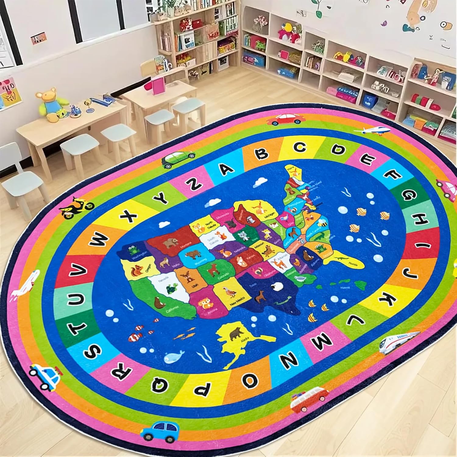 Kids Rug 6.6x10Ft US Map ABC Carpet for Boys Girls Classroom Bedroom Playroom, Nonslip Rainbow Road Car Floor Rug, USA Map & Animal Print, Alphabet Educational Preschool Decor, Washable