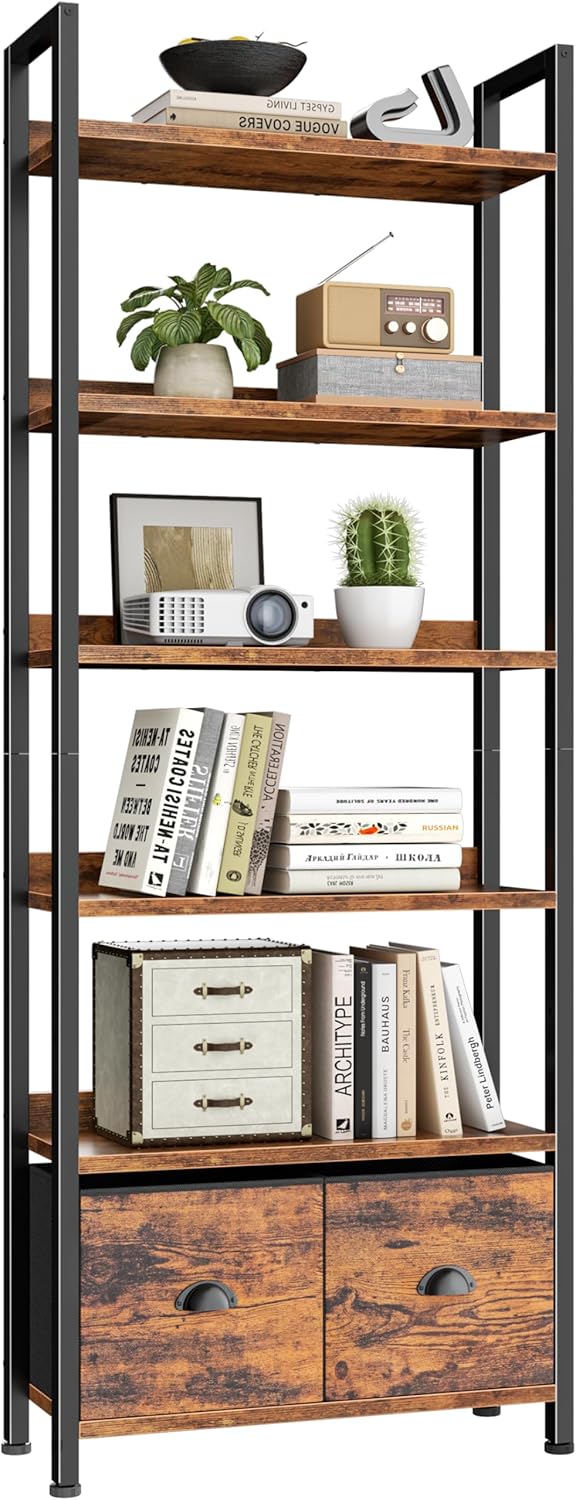 Furologee 6-Tier Bookshelf, Tall 71" Rustic Bookcase with 2 Drawers Storage Organizer, Industrial Display Free Standing Shelf Units, Wood and Metal Storage Rack for Home Office, Bedroom, Rustic Brown | Bookcase, 2 Drawers, Storage Organizer, Industrial, Display, Shelf Units
