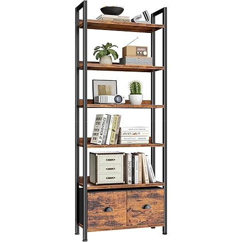 Furologee 6-Tier Bookshelf, Tall 71" Rustic Bookcase with 2 Drawers Storage Organizer, Industrial Display Free Standing Shelf Units, Wood and Metal Storage Rack for Home Office, Bedroom, Rustic Brown | Bookcase, 2 Drawers, Storage Organizer, Industrial, Display, Shelf Units