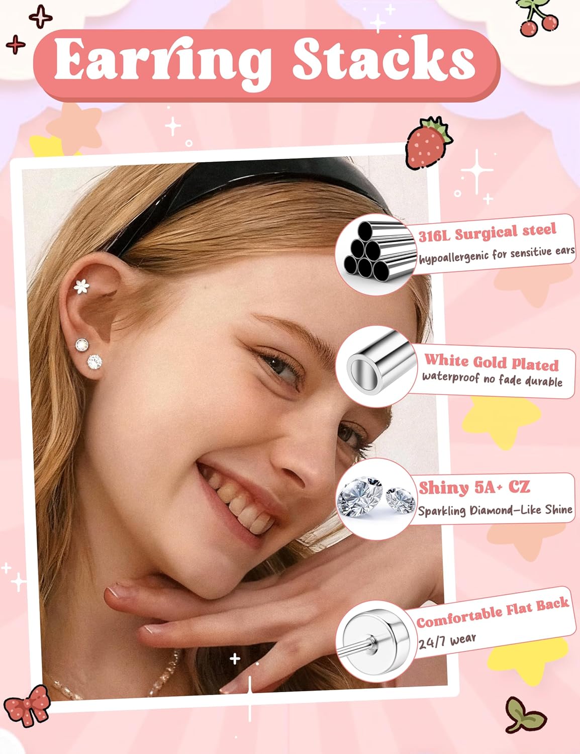 LOYALLOOK 24Pairs Screw Back Earrings Stud for Girls Women Surgical Steel Hypoallergenic Cartilage Stud Earrings Tiny CZ Screwback Flat Back Stud Earrings Set Piercing Jewelry Multicolored 20G