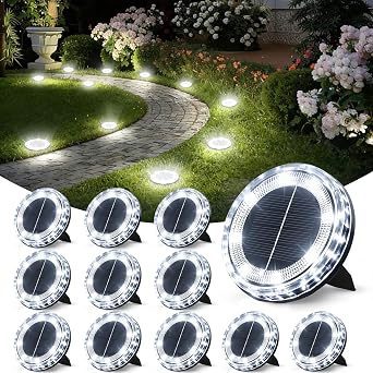 Pack of 12 Solar Floor Lights Outdoor 8 LED Garden Lighting Solar IP65 Waterproof Solar Lights Solar Lights for Garden Lawn Patio Walkway Driveway Cool White [Energy Class C]