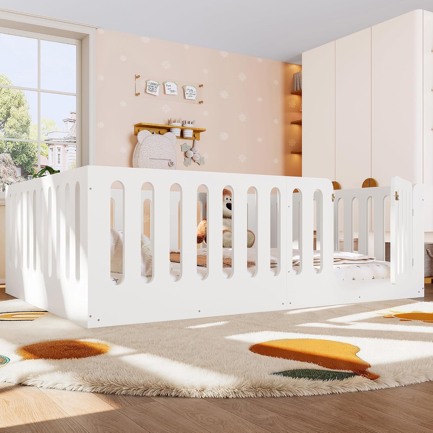 Bellemave Queen Floor Bed with High Rails and Door, Queen Size Wood Montessori Floor Bed Frame, Low-Profile Design, Easy Assemble, Multi-Functional Play & Sleep Space, White