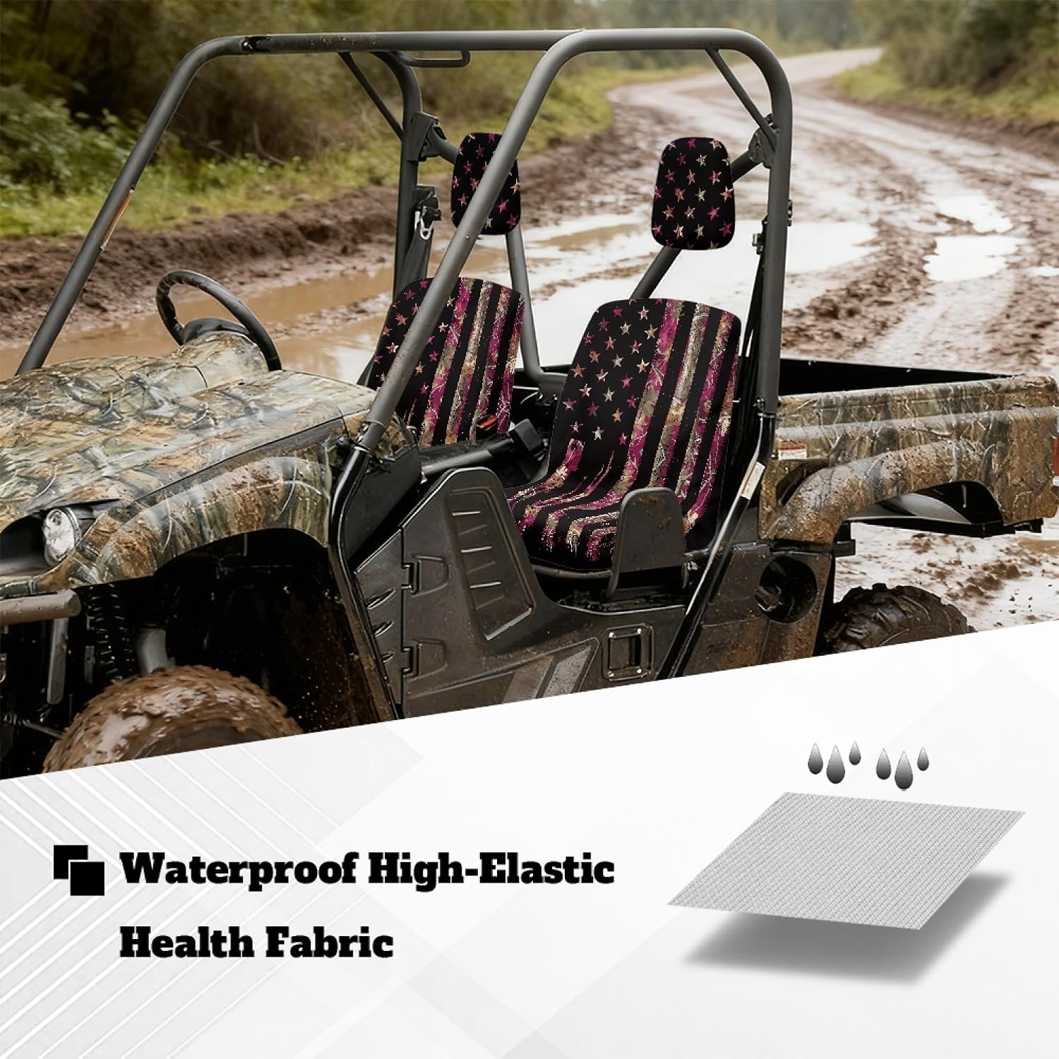 American Flag UTV Seat Covers 4 Pieces Heavy Duty Comfortable Bucket Seat Covers for 2004-2021 Yamaha Rhino 700 660 450 Front Seats Only, Pink Camo
