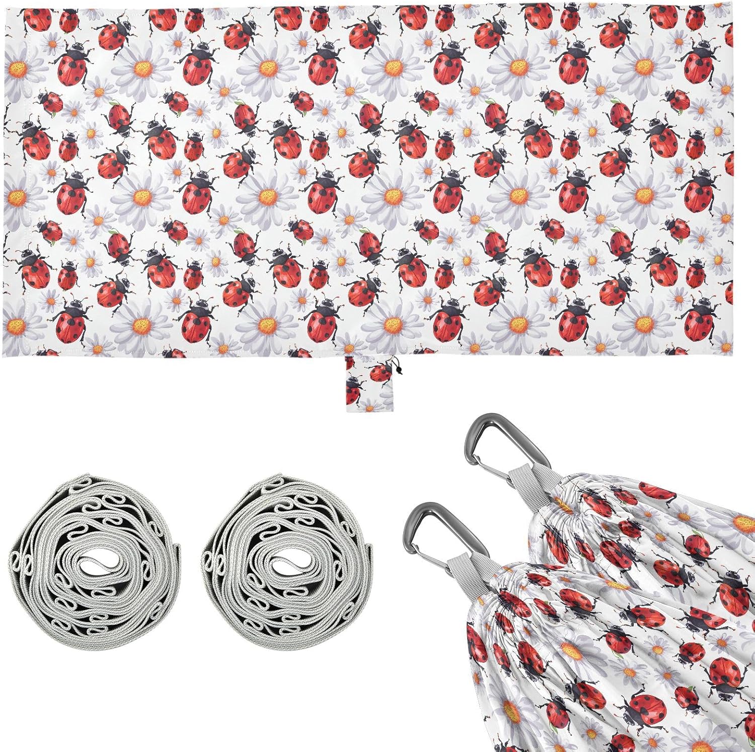 ALAZA Lady Bug Daisy Flower Camping Hammocks Single or 2 Person 500 lbs Portable Parachute Travel Hammock w/Tree Straps for Hiking Backpacking Indoor Outdoor