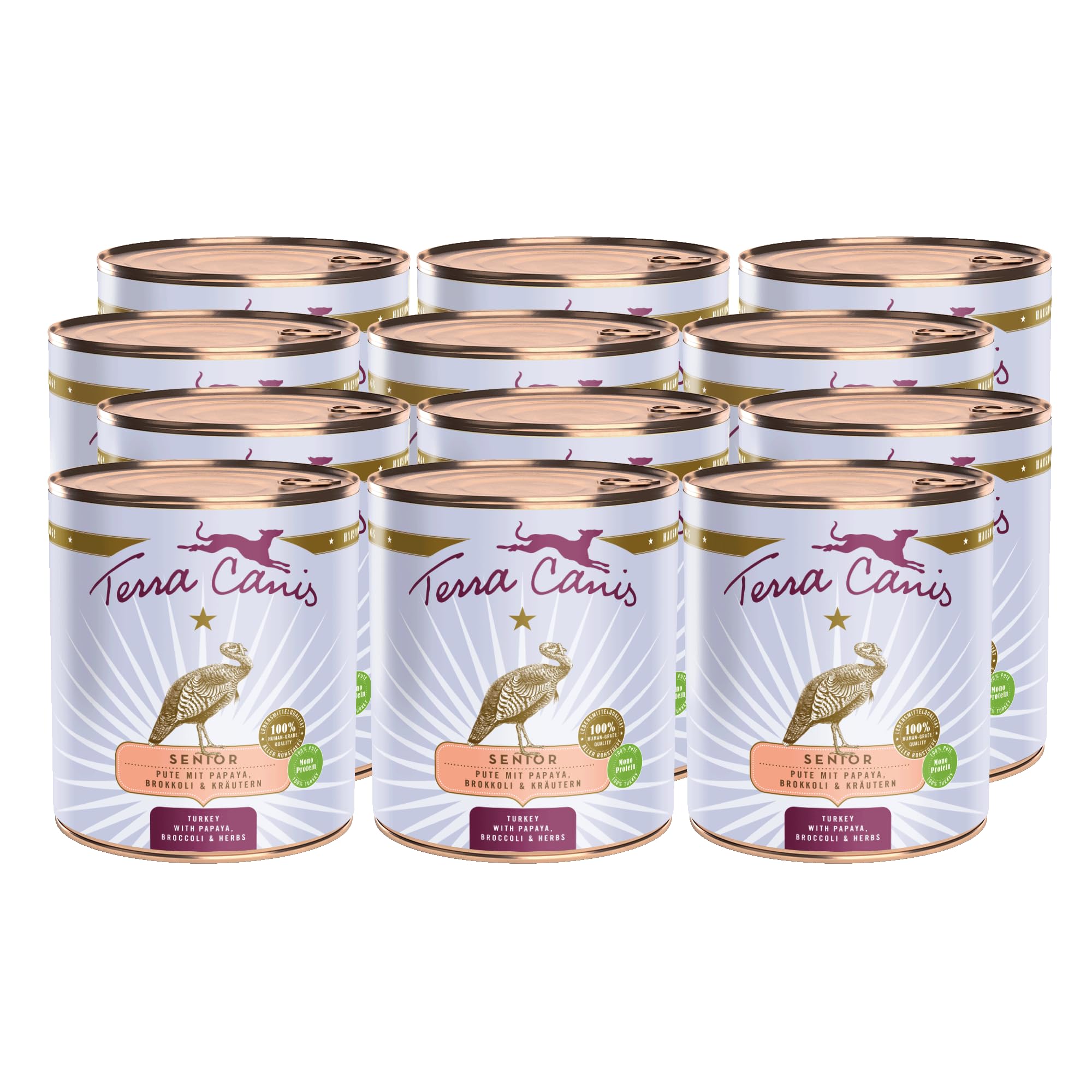 Terra Canis Pavo con Papaya, Comida húmeda Senior para Perros, 12x800g | 100% calidad alimentaria de todas las materias primas, con hierbas medicinales, receta senior, bajo en alérgenos y cereales