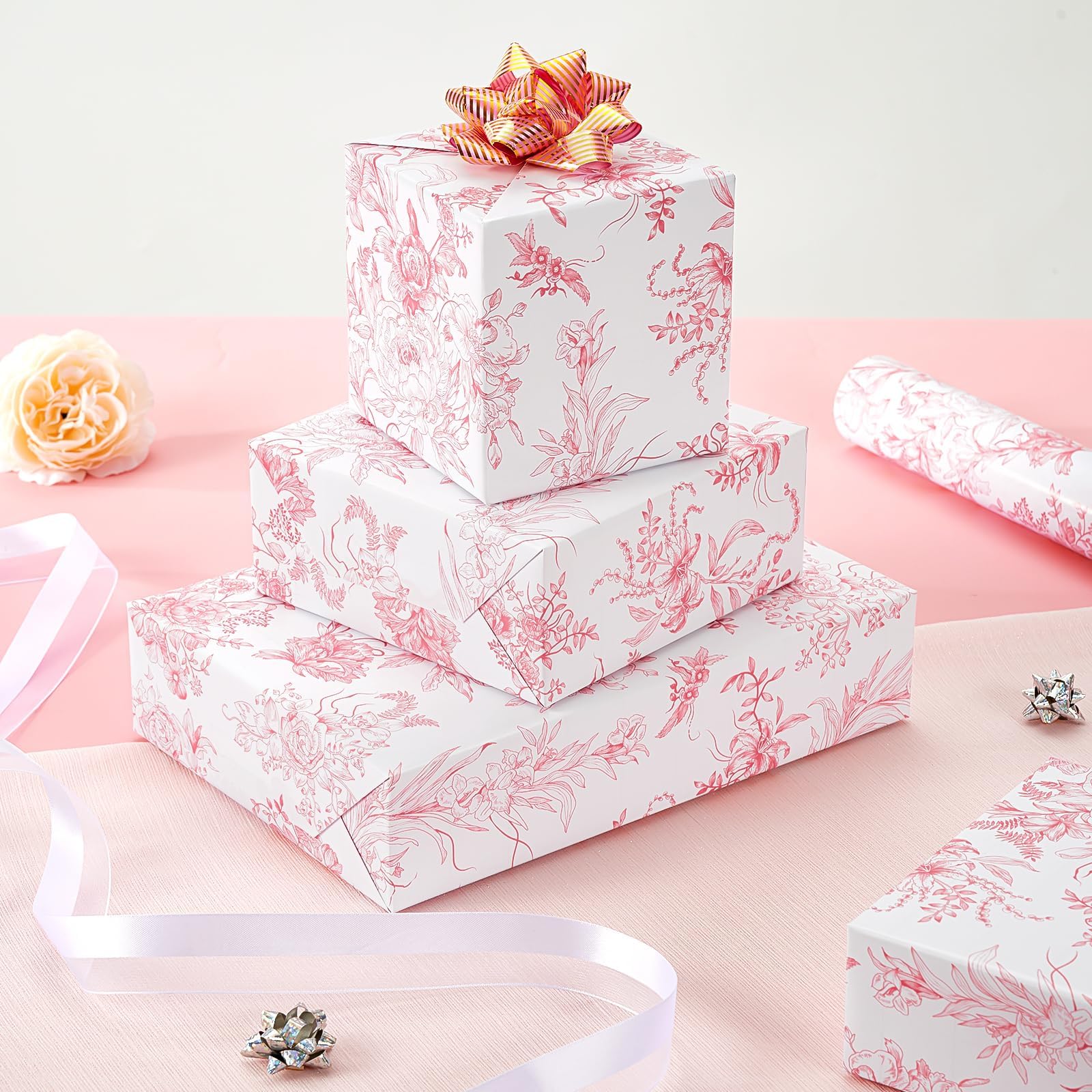 WERNNSAI Pink Floral Wrapping Paper - 1 Roll 43 cm x 10m Pink Flower Wrapping Paper Vintage Floral Gift Wrap for Women Girls Birthday Wrap Wedding Bridal Shower Gift Mothers Day — view 5