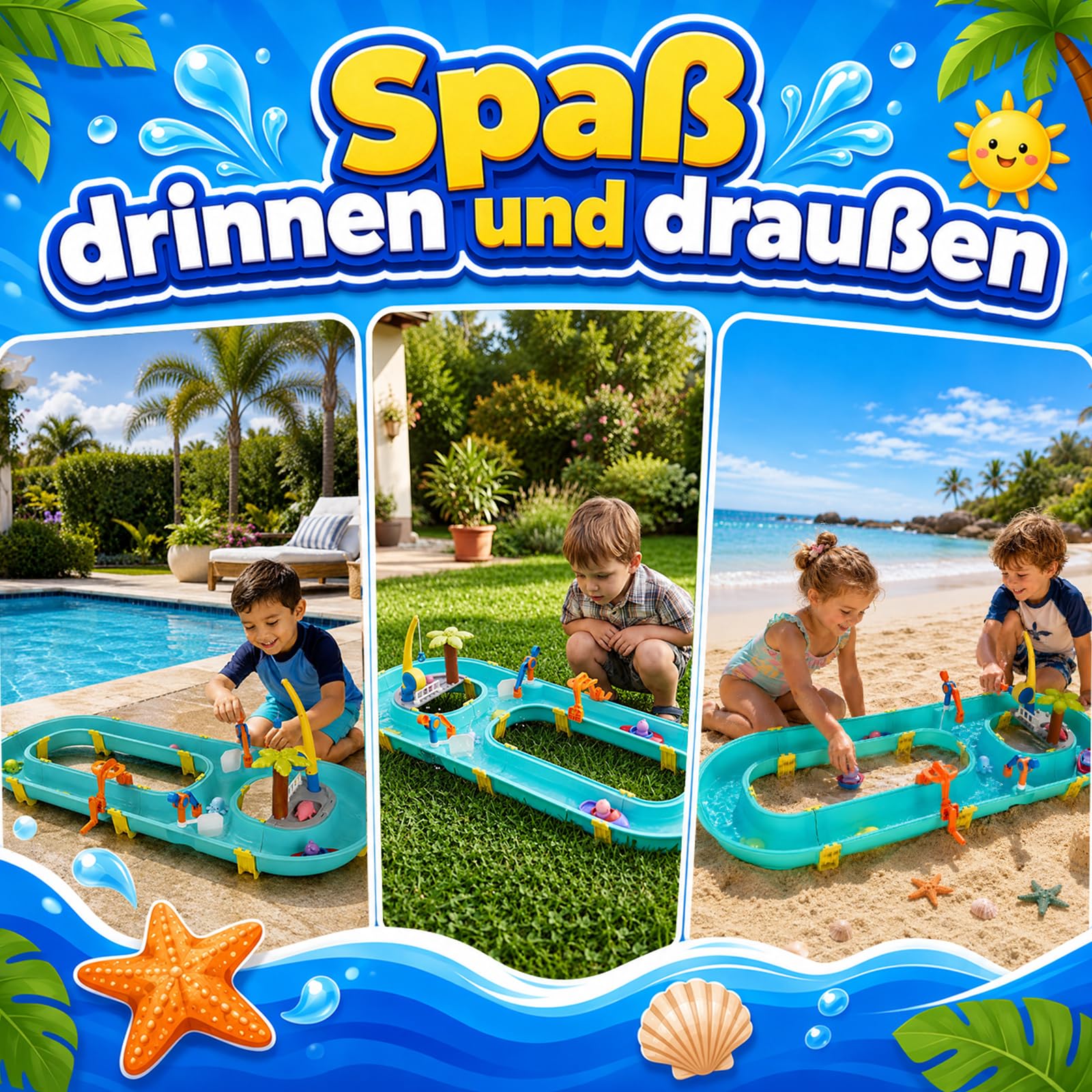 Wasserbahn Kinder Draußen 58-TLG. Wassertisch Spielzeug – Schleusen, Boote & Magnet-Angel inkl. 6 Tierfiguren | Wasserspielzeug ab 3 Jahren für Garten, Terrasse & Strand | Lernspielzeug Feinmotorik &