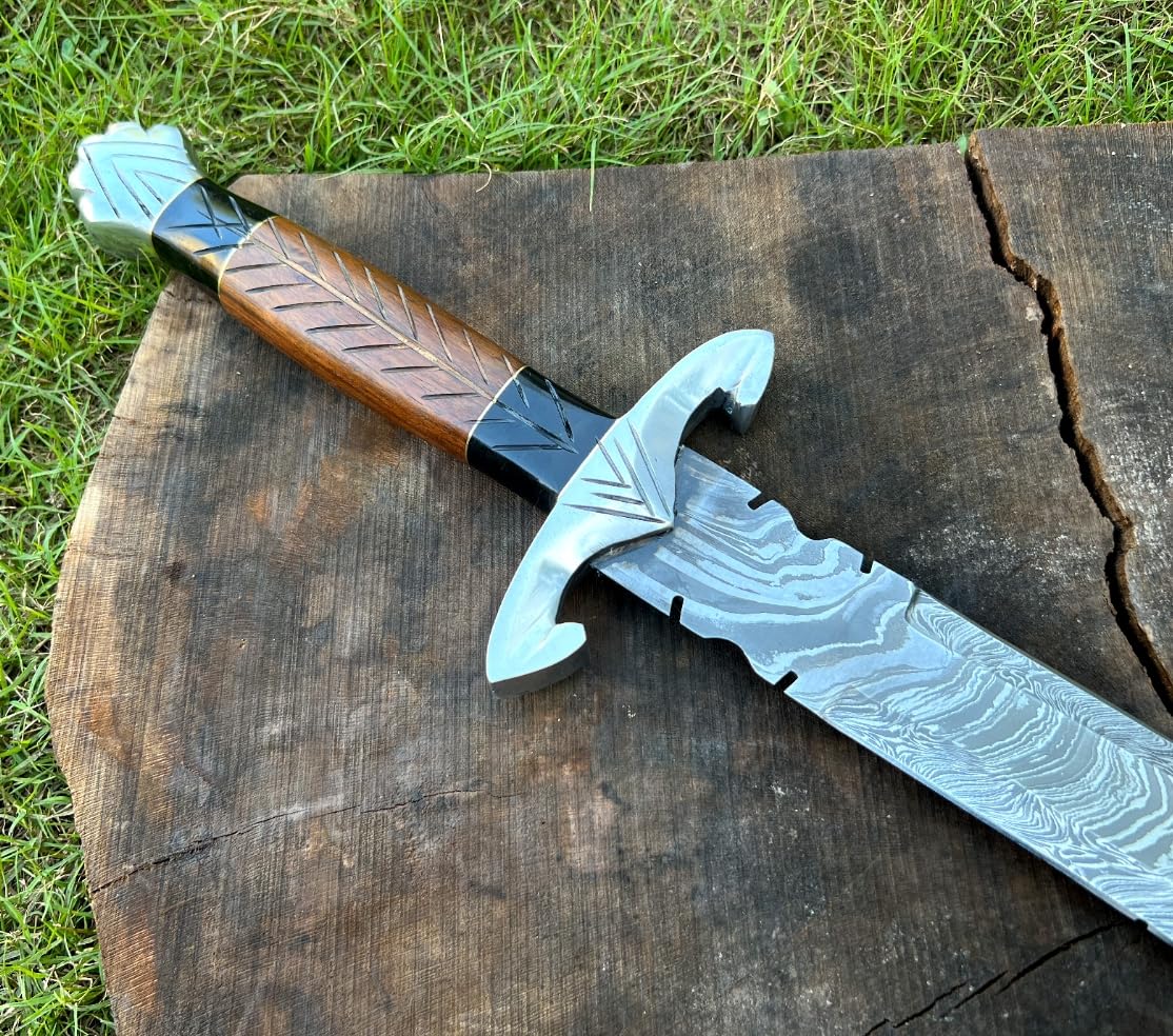 Empire - 32 Inch Long - Handmade Damascus Steel Double Edge Medieval Sword with Sheath - Micarta & Rose Wood Grip - Sharp Edges - Hand Forged Hunting Sword - Best Gift for Him