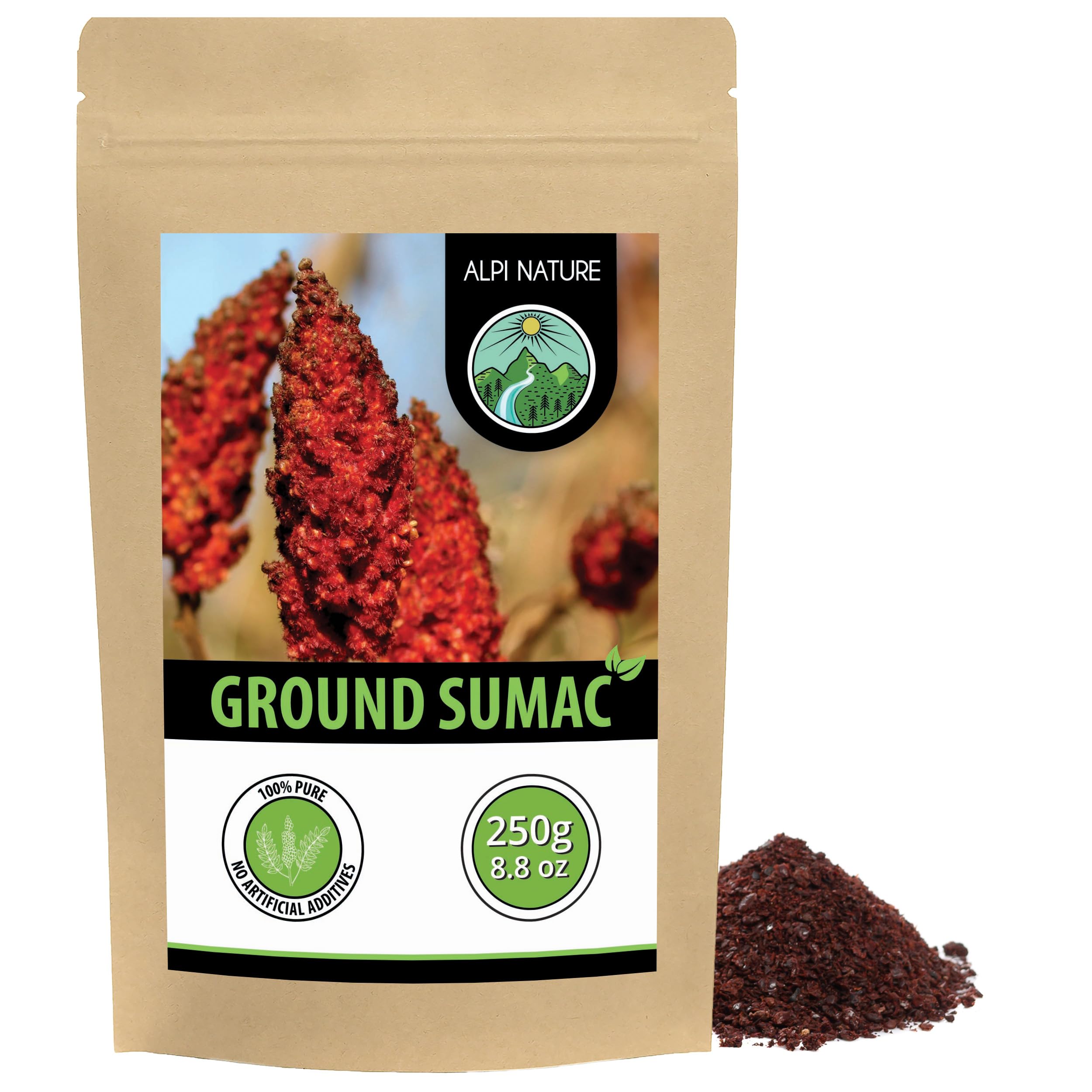 Alpi Nature Sumac Spice Powder 250g 8.8 oz, Dried and Ground Sumac Berries Blended with Salt