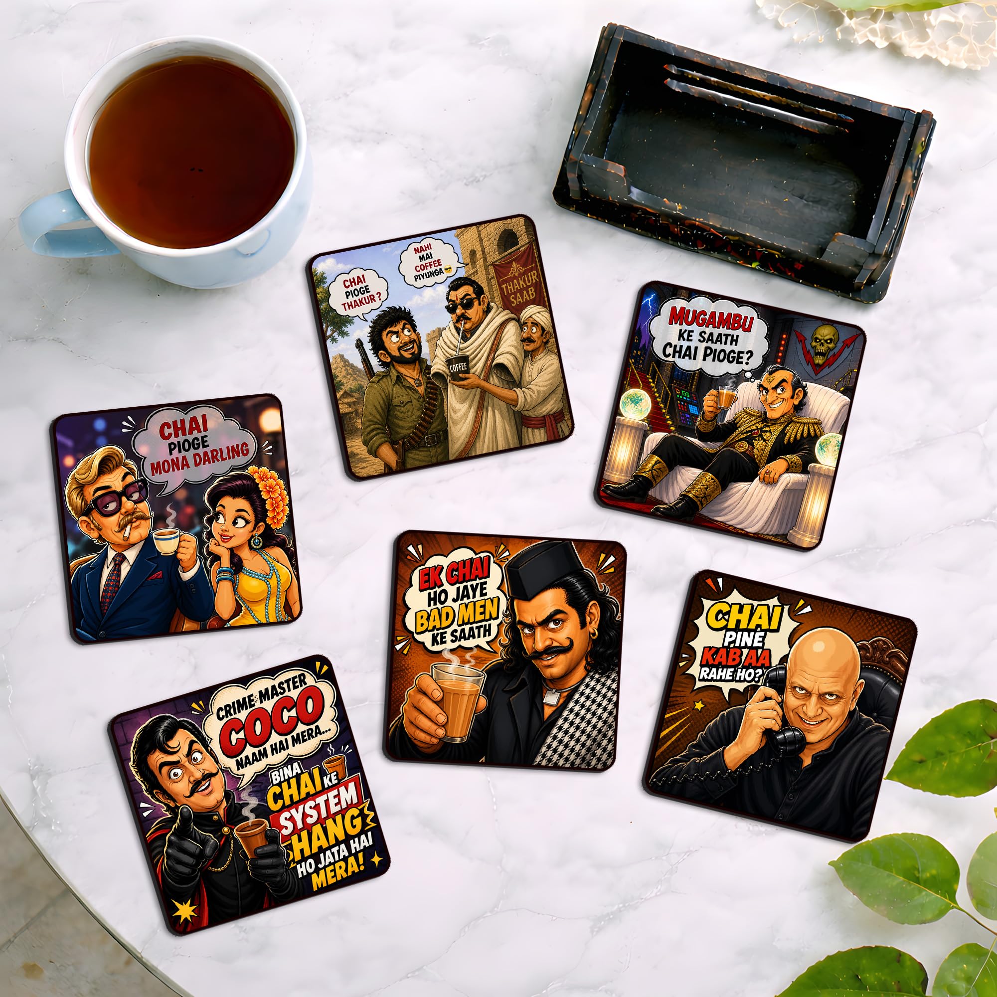 Regalo Casila Bollywood Villain Dialogue MDF Coaster Set of 6 with Stand Funny Chai Quotes Movie Inspired Coasters Humor Home Decor Gift for Tea Lovers Friends-image-37