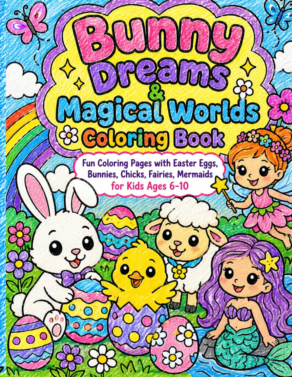 BUNNY DREAMS & MAGICAL WORLDS COLORING BOOK: Fun coloring pages with easter eggs, bunnies, chicks, fairies, mermaids for kids ages 6-10