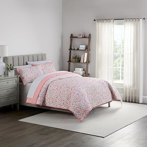 Waverly Traditions - Juego de ropa de cama de 3 piezas con patrón acolchado vintage moteado, juego de cama Queen con 2 fundas de almohada y edredón,