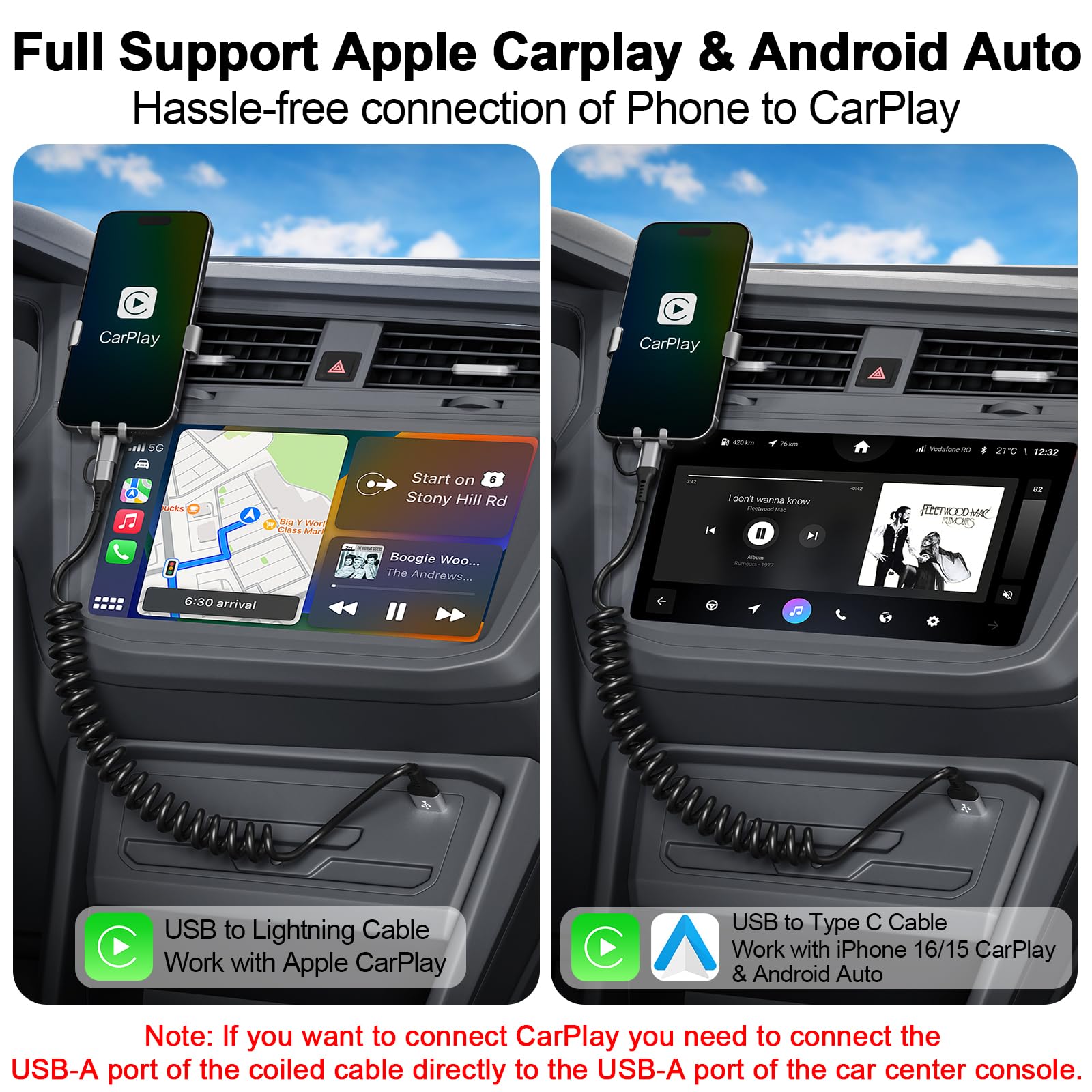 2 en 1 Cable Spirale Voiture pour Apple CarPlay et Android Auto [MFi & 3A Charge Rapide], Câble Multi USB avec Lightning USB C Câble pour iPhone 16/15/14/13/12/11/Galaxy/Huawei/Google Pixel