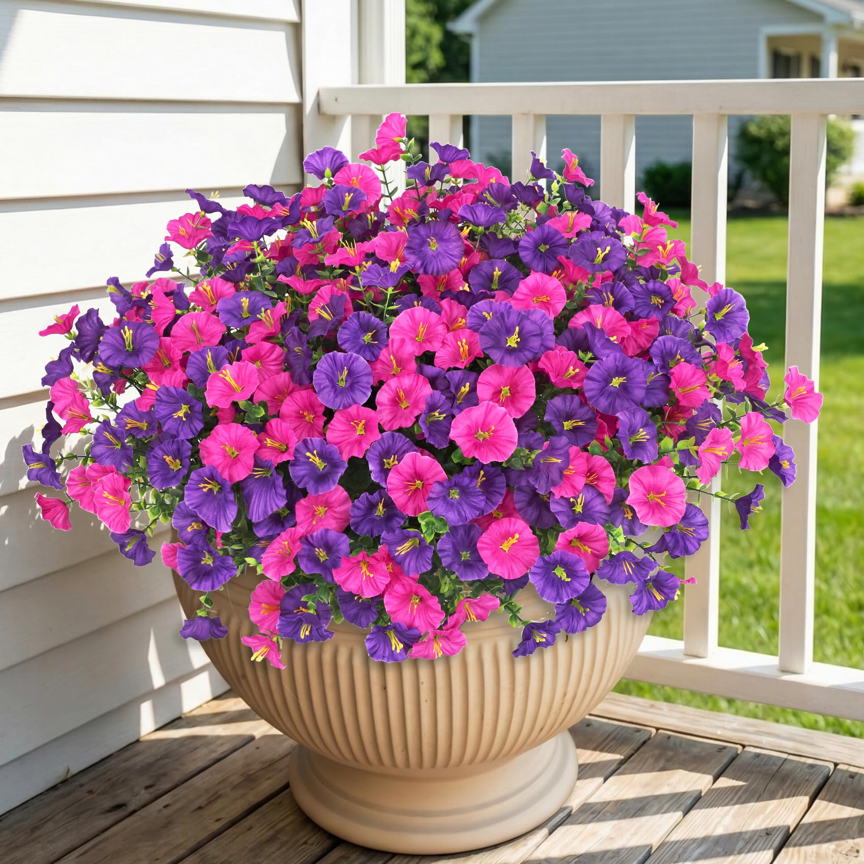 Bassion 16 Pcs Artificial Morning Glory Flower for Outdoors, Fuschia Purple | UV Resistant, realistic, silk flowers, faux eucalyptus plants, outside planters porch window box garden indoor outdoors decor