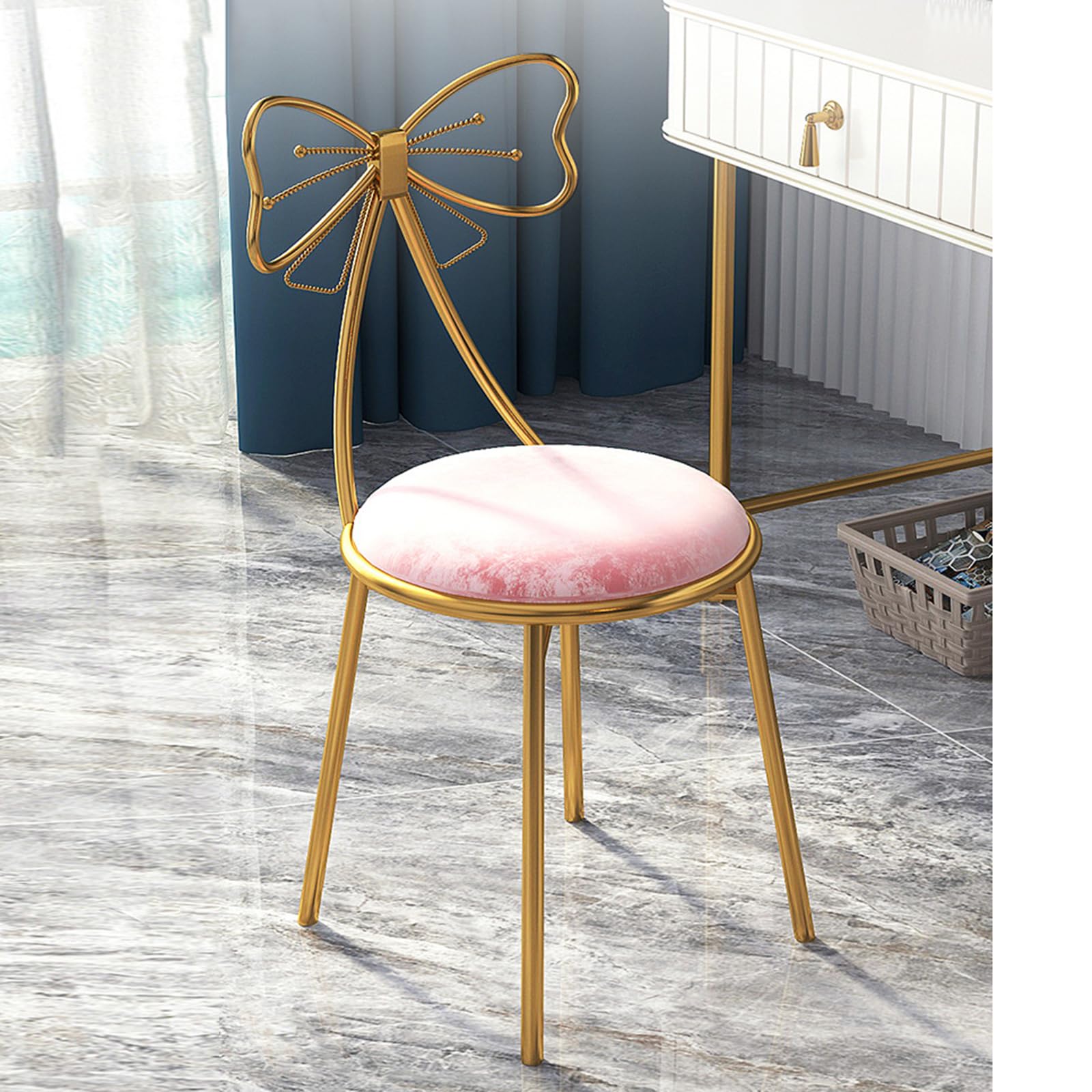 Butterfly Bow Tie Pink Vanity Makeup Chair,Velvet Cushion Metal Frame Dresser Seat with Butterfly Backrest,Lounge Chair for Living Room Bedroom