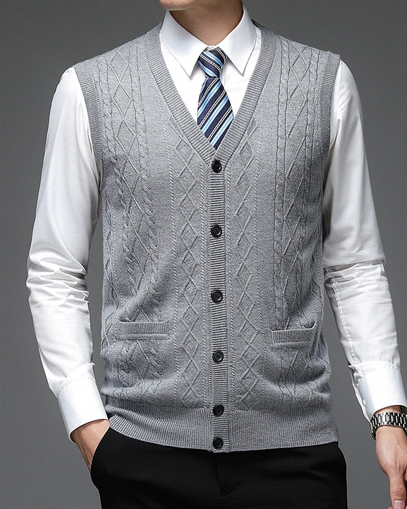 Dawwoti Jersey De Punto Sin Mangas para Hombre Mezcla De Lana Botón Frontal Rebeca Chaleco Twist Cable
