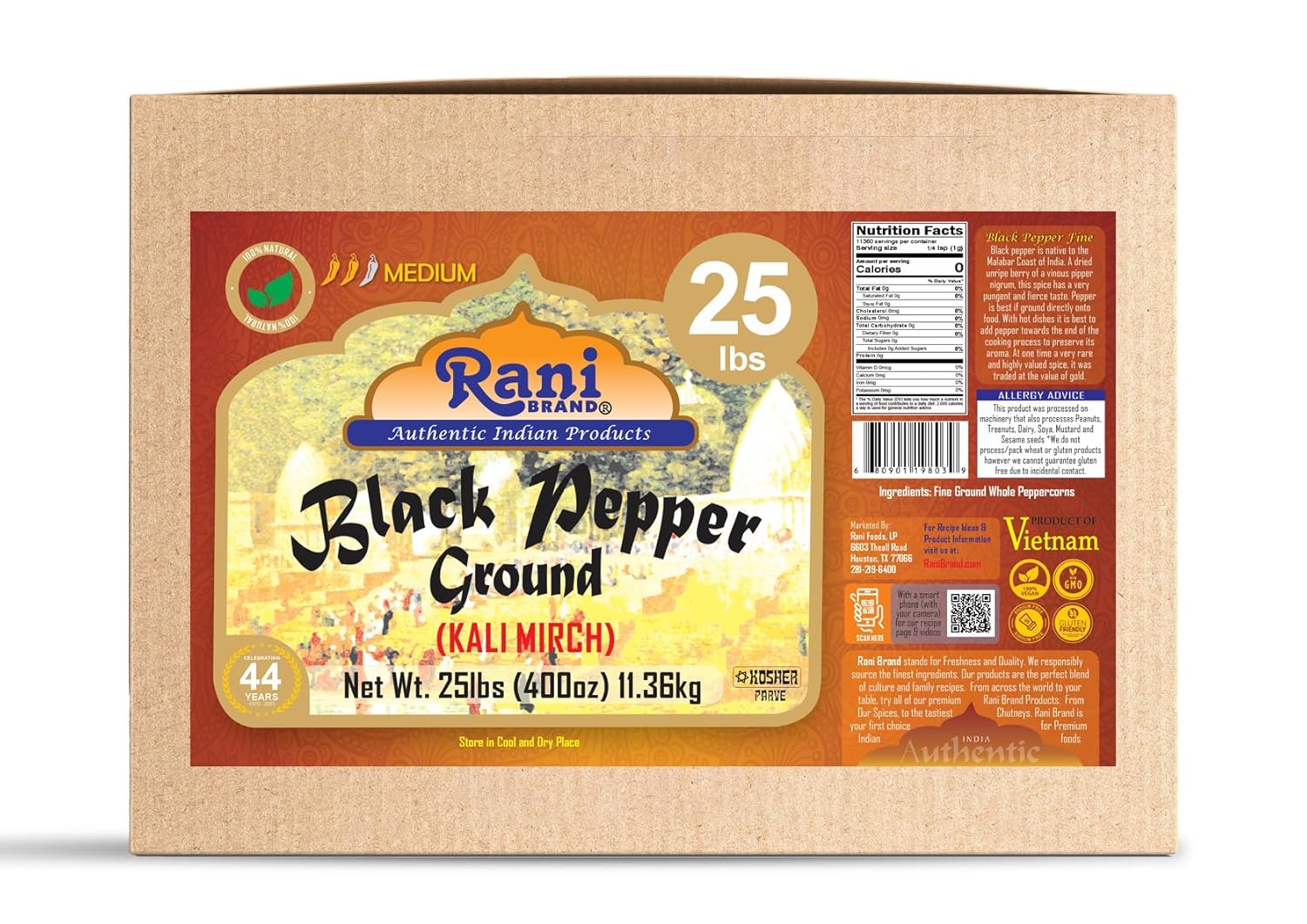 Rani Black Pepper Fine Powder 80 Mesh 400oz (25lbs) 11.36kg Bulk Box ~ All Natural | Vegan | Gluten Friendly | NON-GMO | Kosher | Product of Vietnam