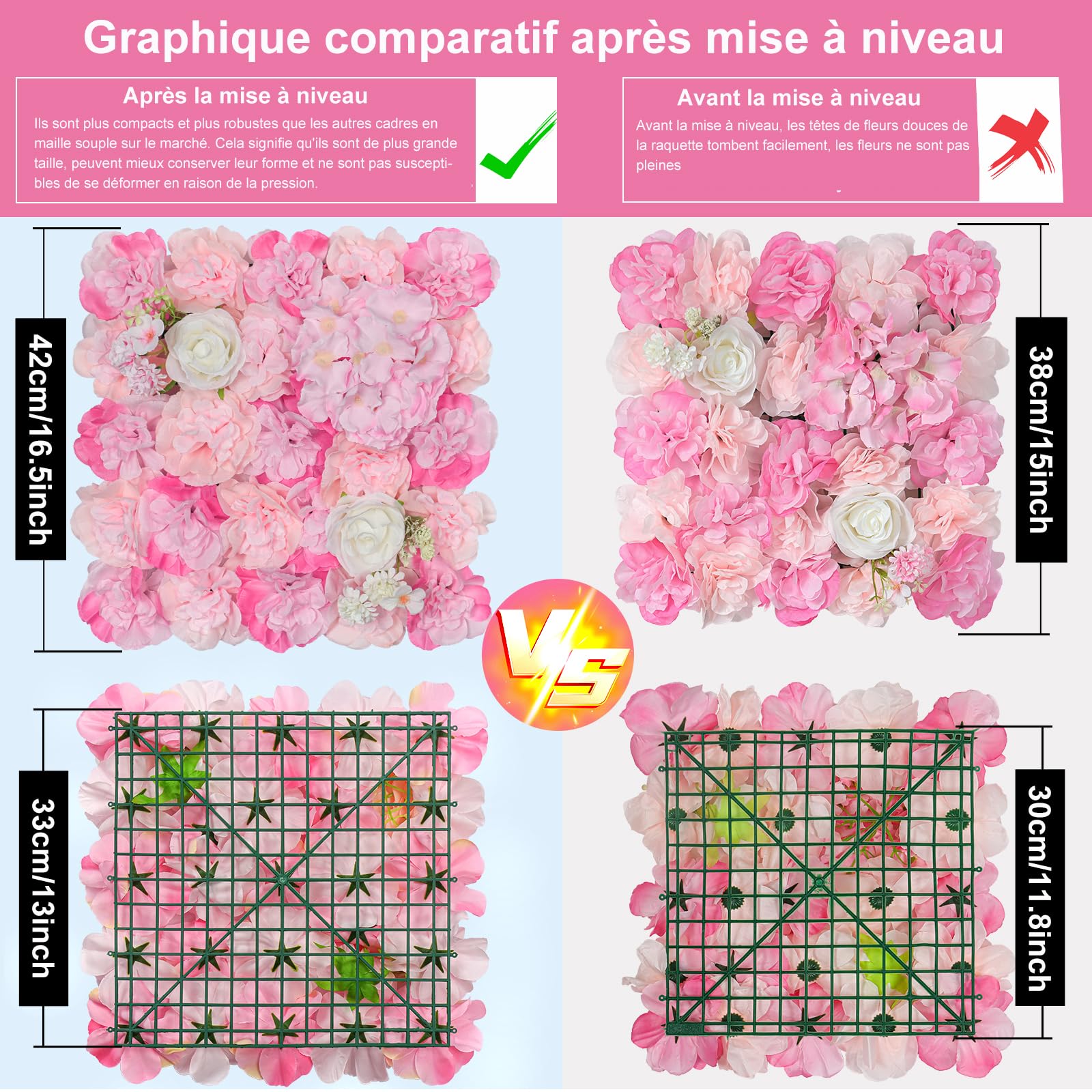 Panneau de Fleurs artificielles 42 * 42cm Panneau Mural Floral Rose de Soie Artificielle décor Mural idéal pour Les célébrations de Mariage, Fond de fête et décor à la Maison (6, Rose)