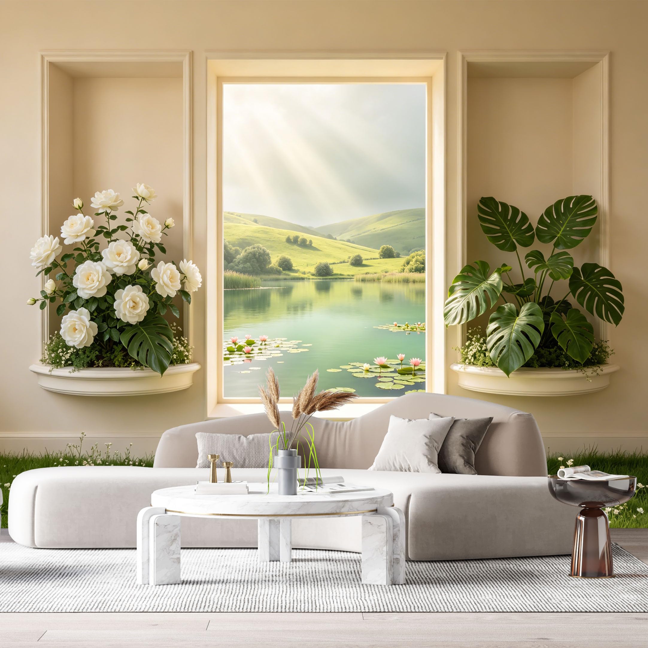 Custom Size Wall Murals Window View Botanical Landscape 3D Trompe L'Oeil Floral Lake Sunny Hillside SelfAdhesive Wall Fabric Removable Large Wallpaper Photo for Living Room