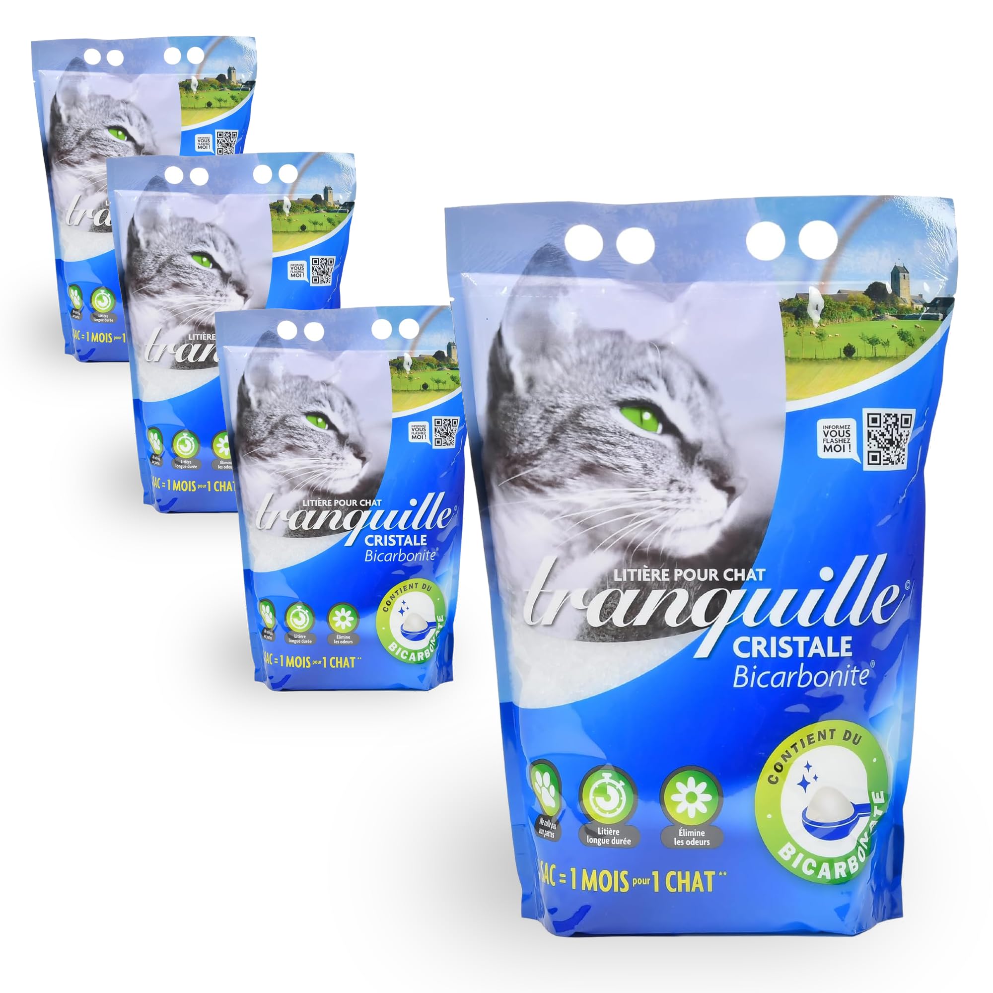Tranquille - Litière pour Chat Cristale Gel de Silice et Bicarbonite 4L - Lot de 4