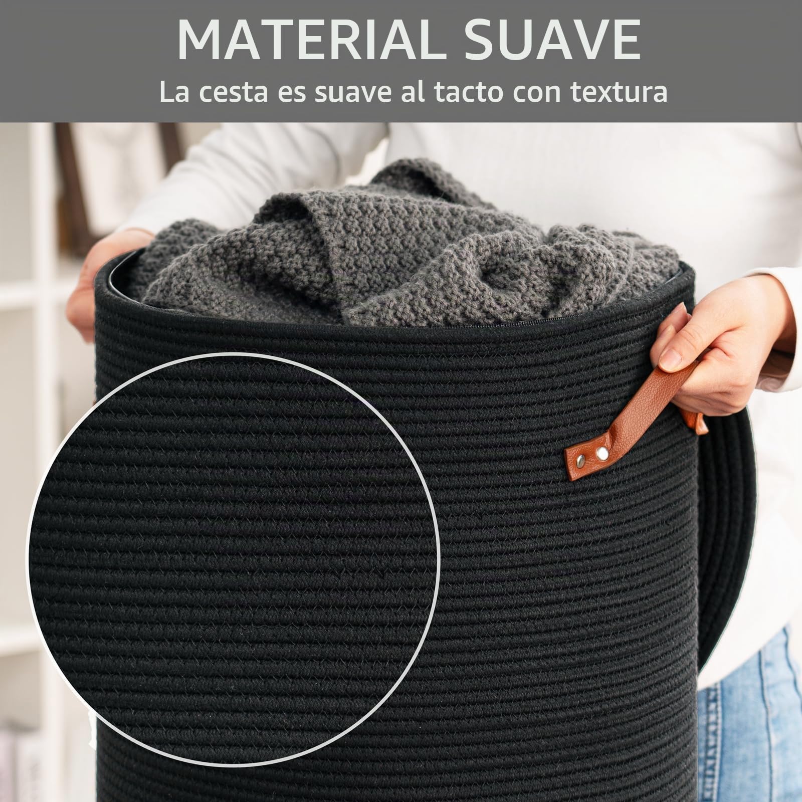 CHICVITA Cesto alto para la colada con tapa, cesta grande para la colada para ropa, mantas, juguetes, cesta decorativa tejida para dormitorio, sala de estar, 38,1 x 50,8 cm, negro