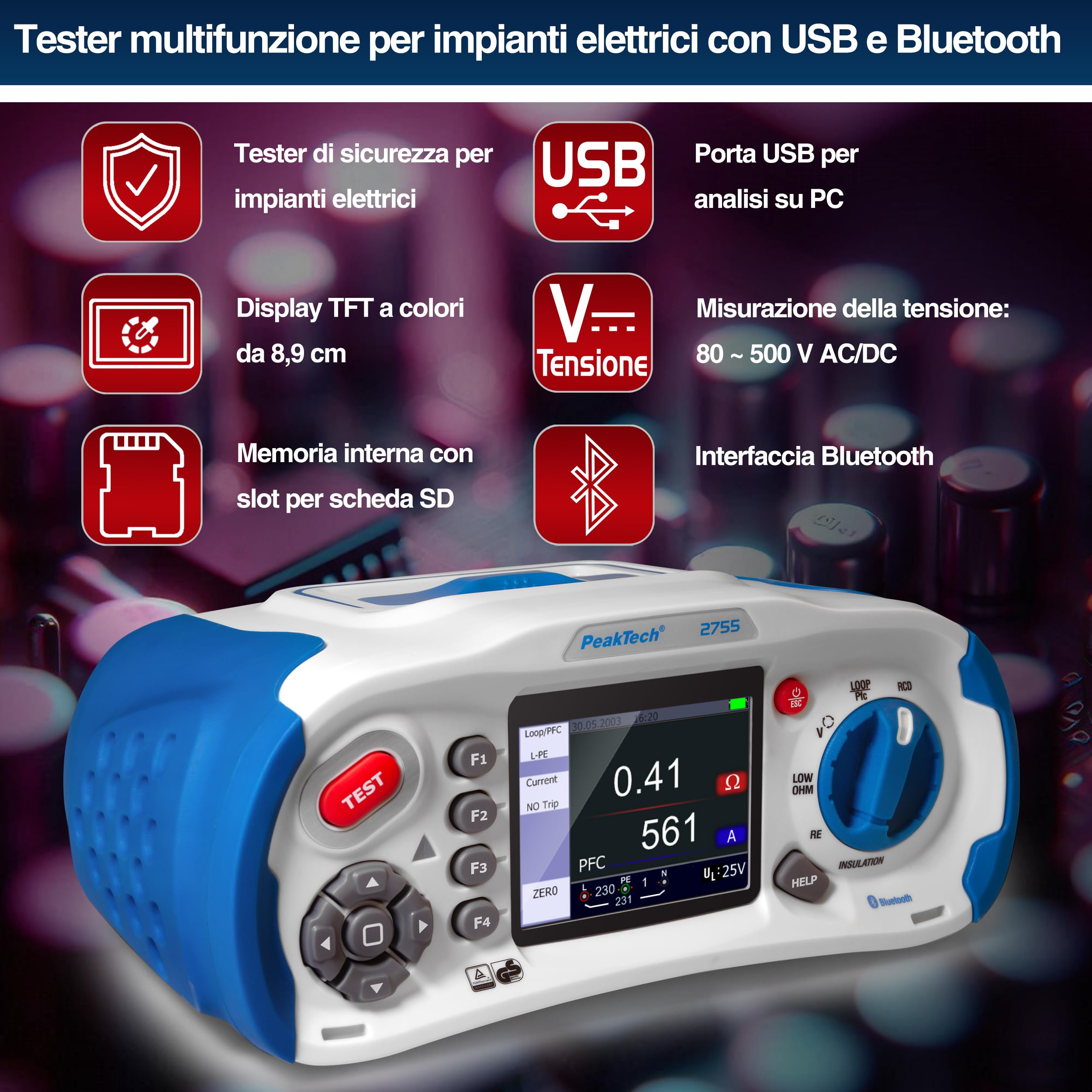 PeakTech 2755 – Tester per installazione elettrica VDE-0100, con Bluetooth, Scheda USB e SD, Schermo a colori TFT da 3,5 ", IP 65, Memoria interna, App per iOS e Android - CAT III 600V