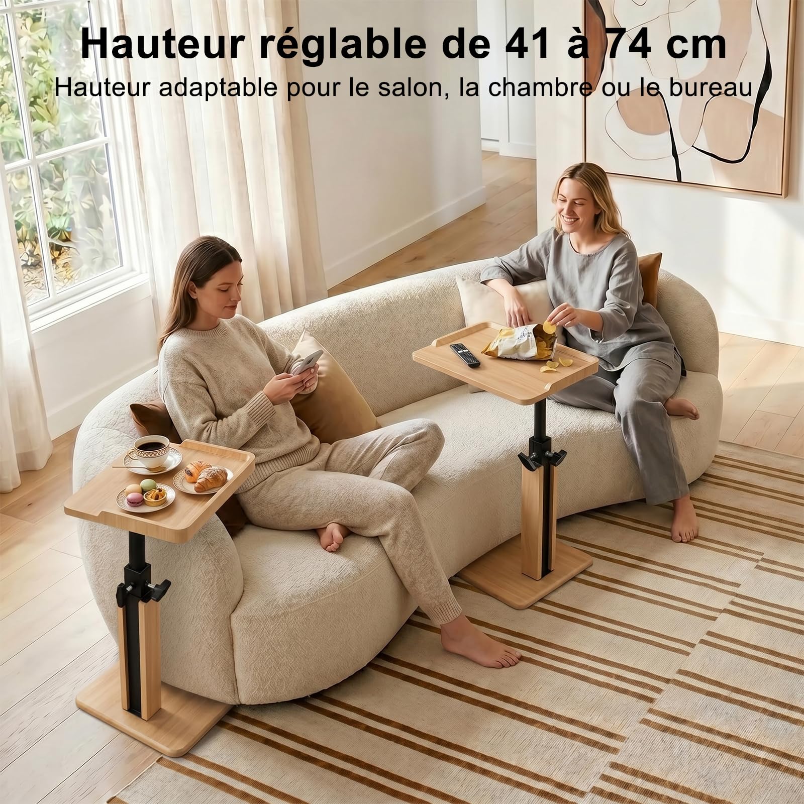 Table d'Appoint en Forme de C Réglable 45-80 cm, Bout de Canapé Chêne Clair avec Plateau à Rebords, Table Canapé Gain de Place pour Salon, Chambre, Lit et Petits Espaces