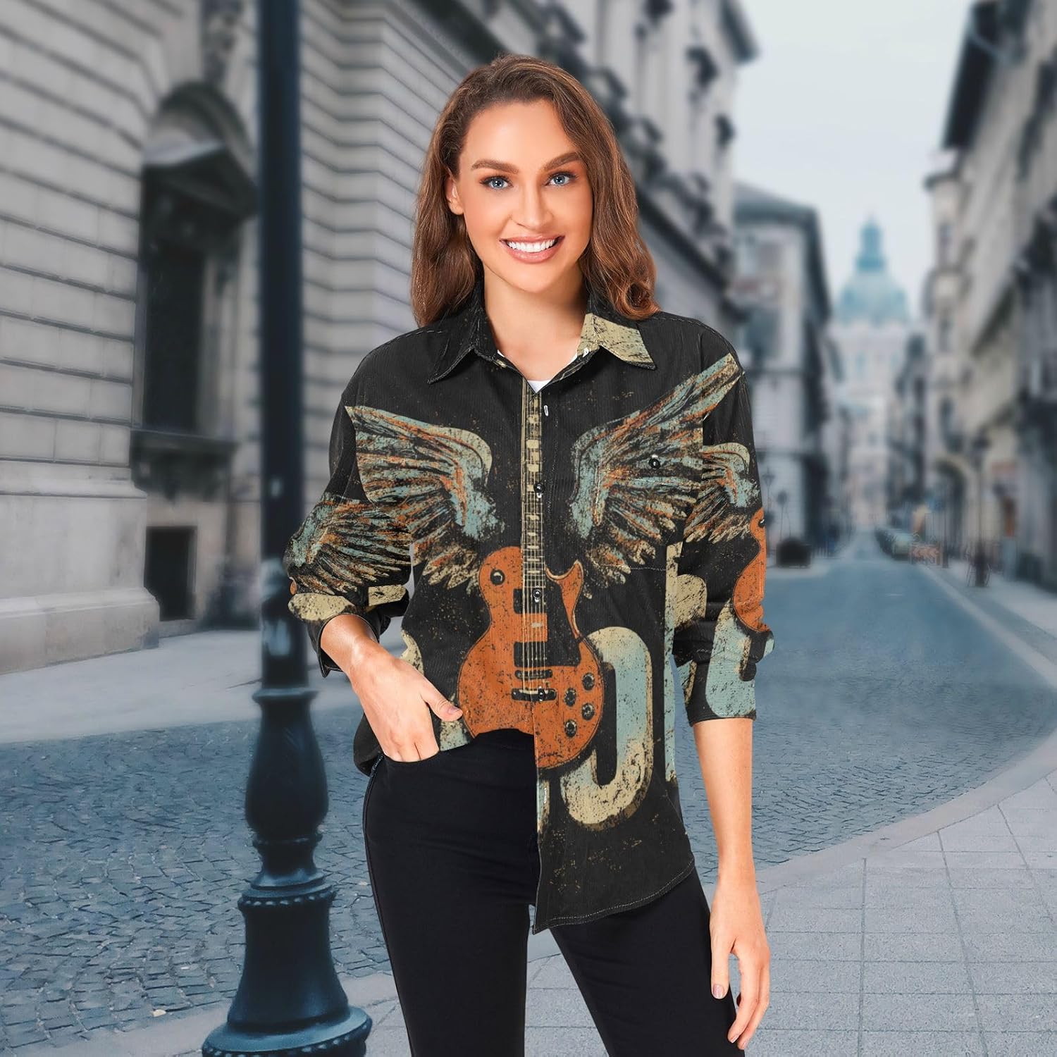 Retro Guitar Wings Woolen Cord Fabric Mens Rugby Shirts Long Sleeve for Women Regular with Pockets