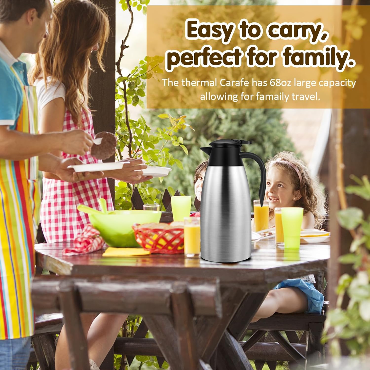68OZ Thermal Coffee Carafes for Keeping Hot, 2 Liter Stainless Steel Thermal Carafe, Double Wall Vacuum Insulated Pitcher Tea Pot for Coffee Tea Keep Hot 12 Hours, 2 Pack Silver