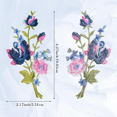 Miniatura 2 de 4 parches bordados de flores rosas para coser para planchar, ramo floral rosa y azul bohemio para ropa, jeans, chaquetas, bolsas de vestir,