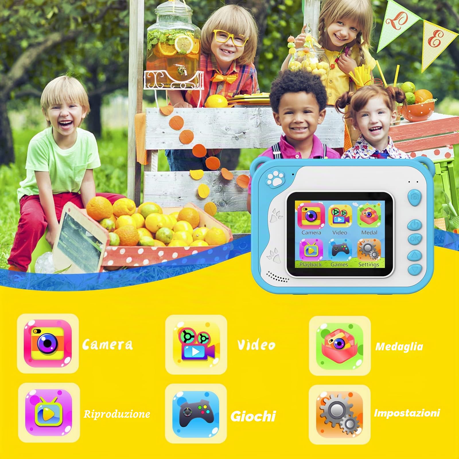 Ushining Macchina Fotografica Istantanea Bambini, 2,4 Pollici Fotocamera Istantanea Bambini, 12MP/1080P HD Videocamera con 32GB SD Scheda 3 Rotoli di Carta da Stampa 5 Penne Colorate, Blu