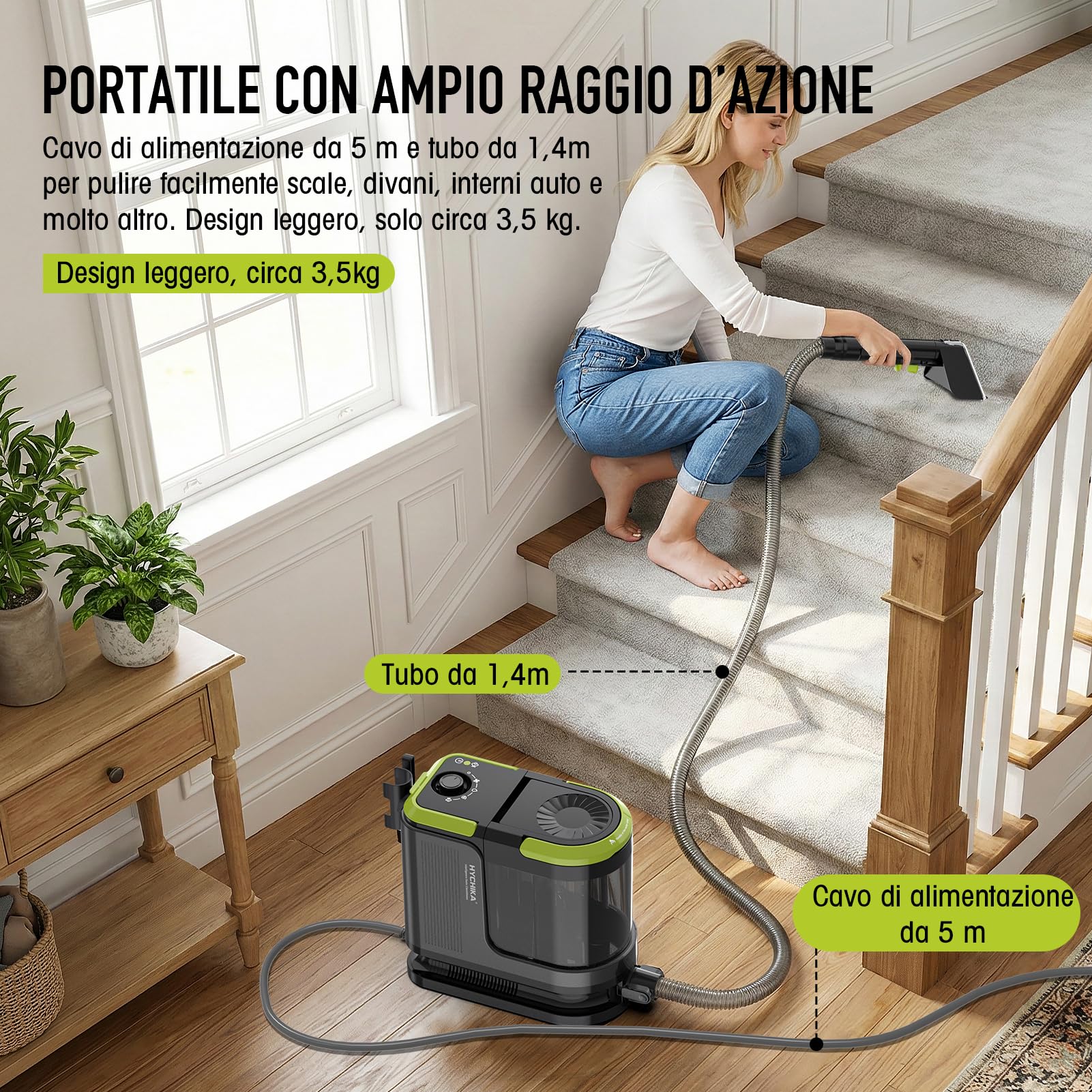 HYCHIKA - lavatappeti e divani lava e asciuga, lava tappezzeria,1.800 W | 17 kPa, lavatappeti pulitore per tappeti, tappezzeria, divano, auto
