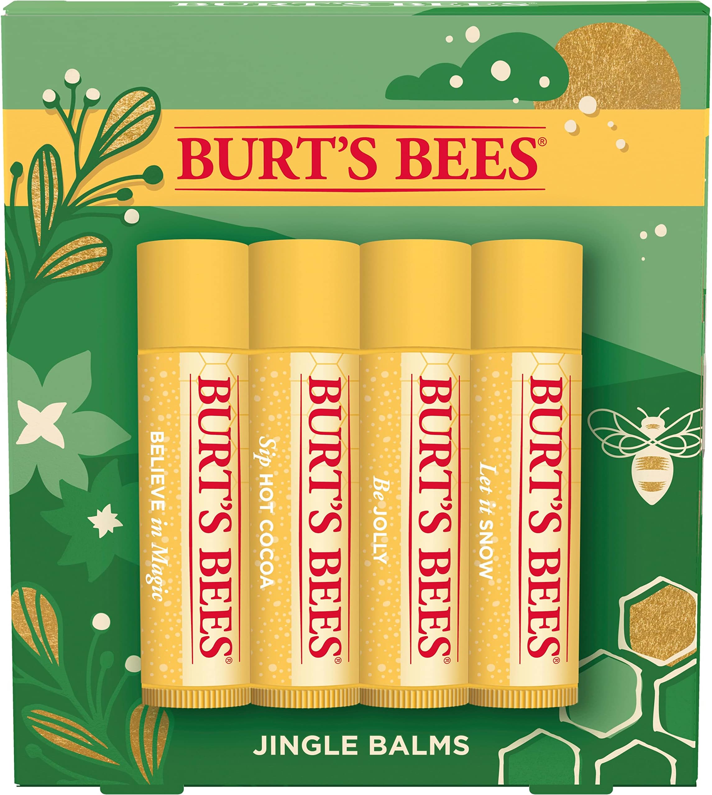 Burt's Bees Christmas Gifts, 4 Lip Balm Stocking Stuffers Products, Jingle Balms Set - Classic Beeswax Moisturizing Lip Balm