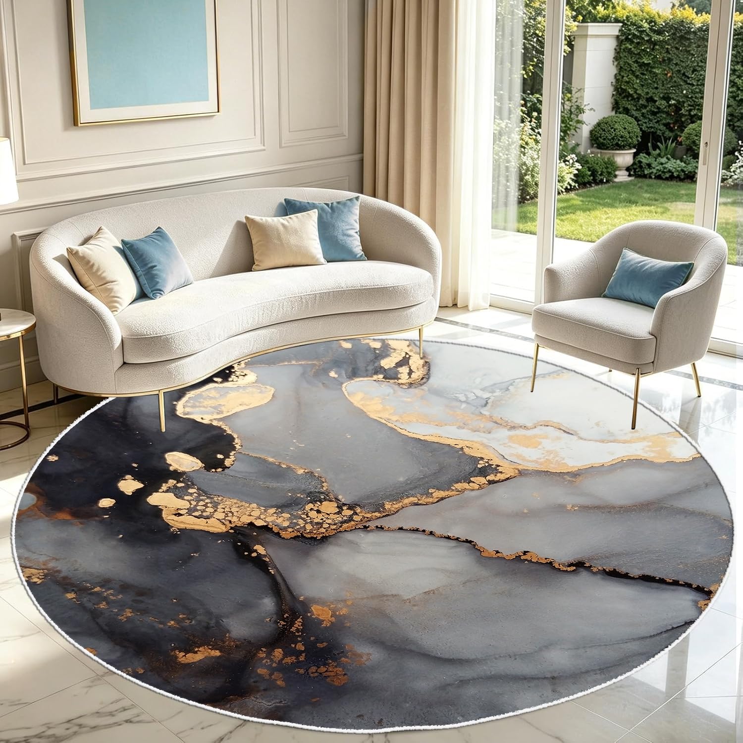 PDENZG Luxury Marble Area Round Rug,240cm,Black Grey Gold Abstract Rugs,Ink Fluid Circular Marble Carpet, Washable Non-Slip Gold Carpet Mat for Living Room Bedroom Dining Room Circle Rug