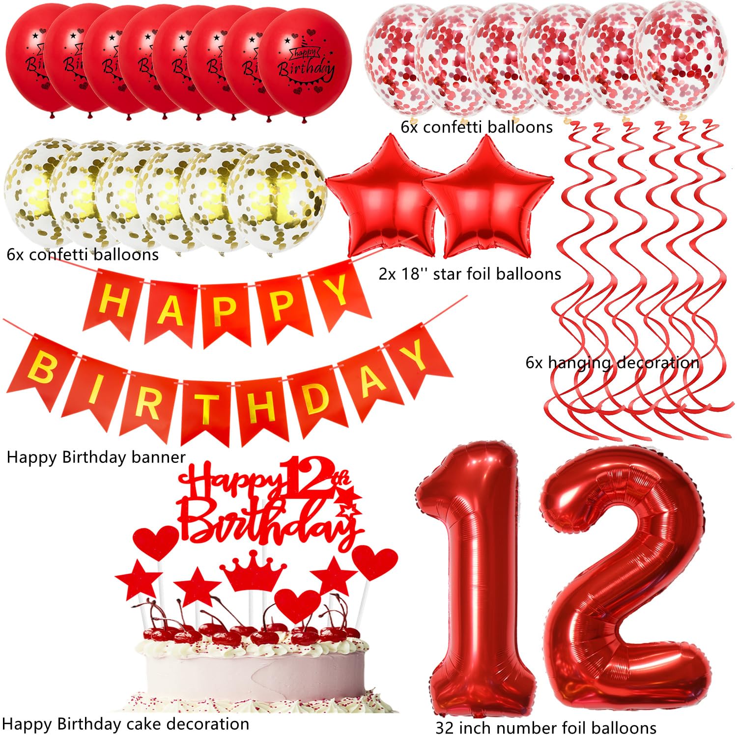 12. Geburtstag Deko-Set Mädchen – Luftballons, Folienballons, Tortendeko In Rot, Komplett Für Geburtstagsparty