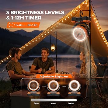 11-Inch Rechargeable Camping FanAuto-Oscillating & Max 80HRemote Control, Portable Battery Powered Operated Fan,Light,Timer,Hook,Outdoor Tent Fan for Patios,Beach,Fishing,Emergency,Camping Essential