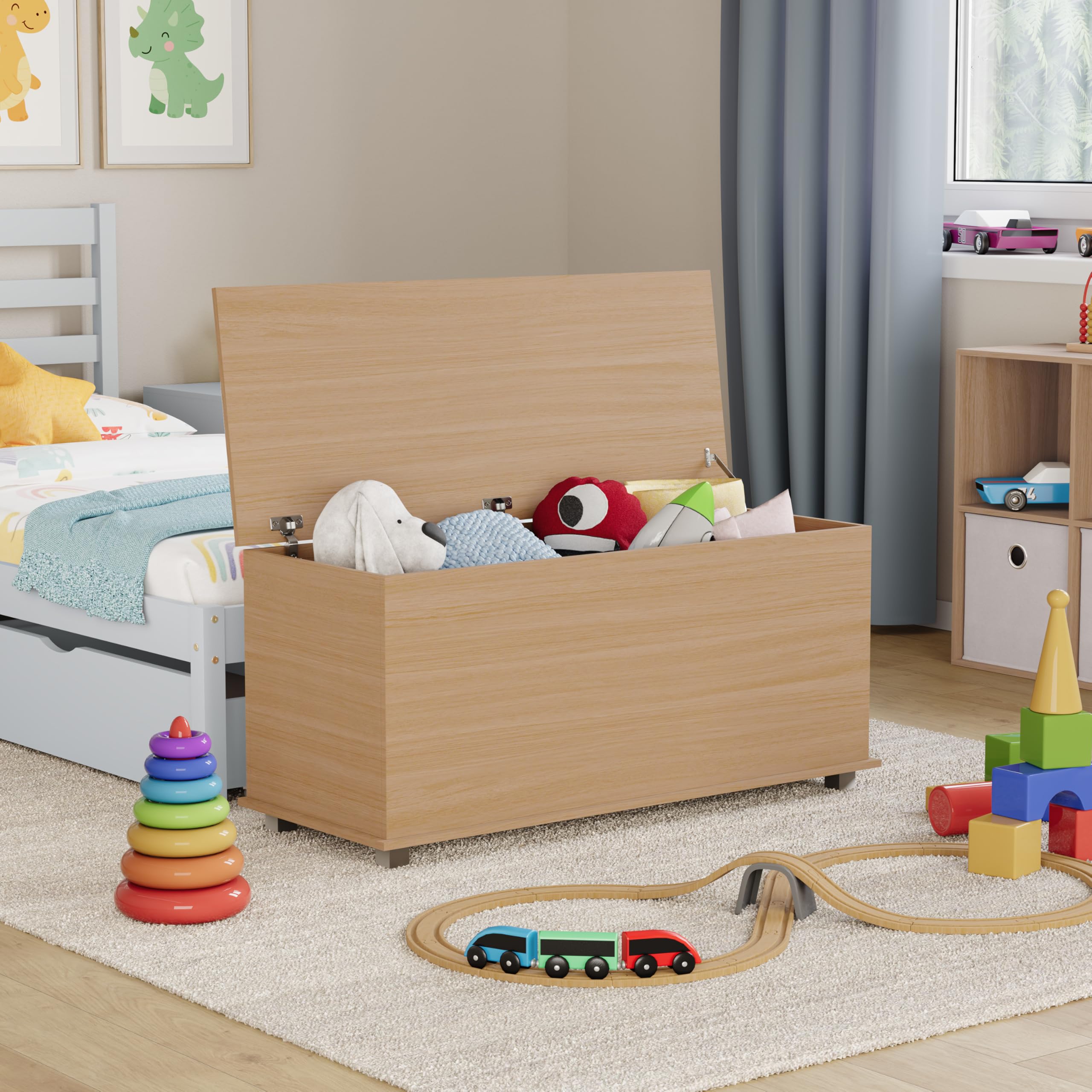 Leon Toy Box, Wooden Children's Storage Chest with Lid, Covers and Blankets, Kids Tidy Bin (Pine)