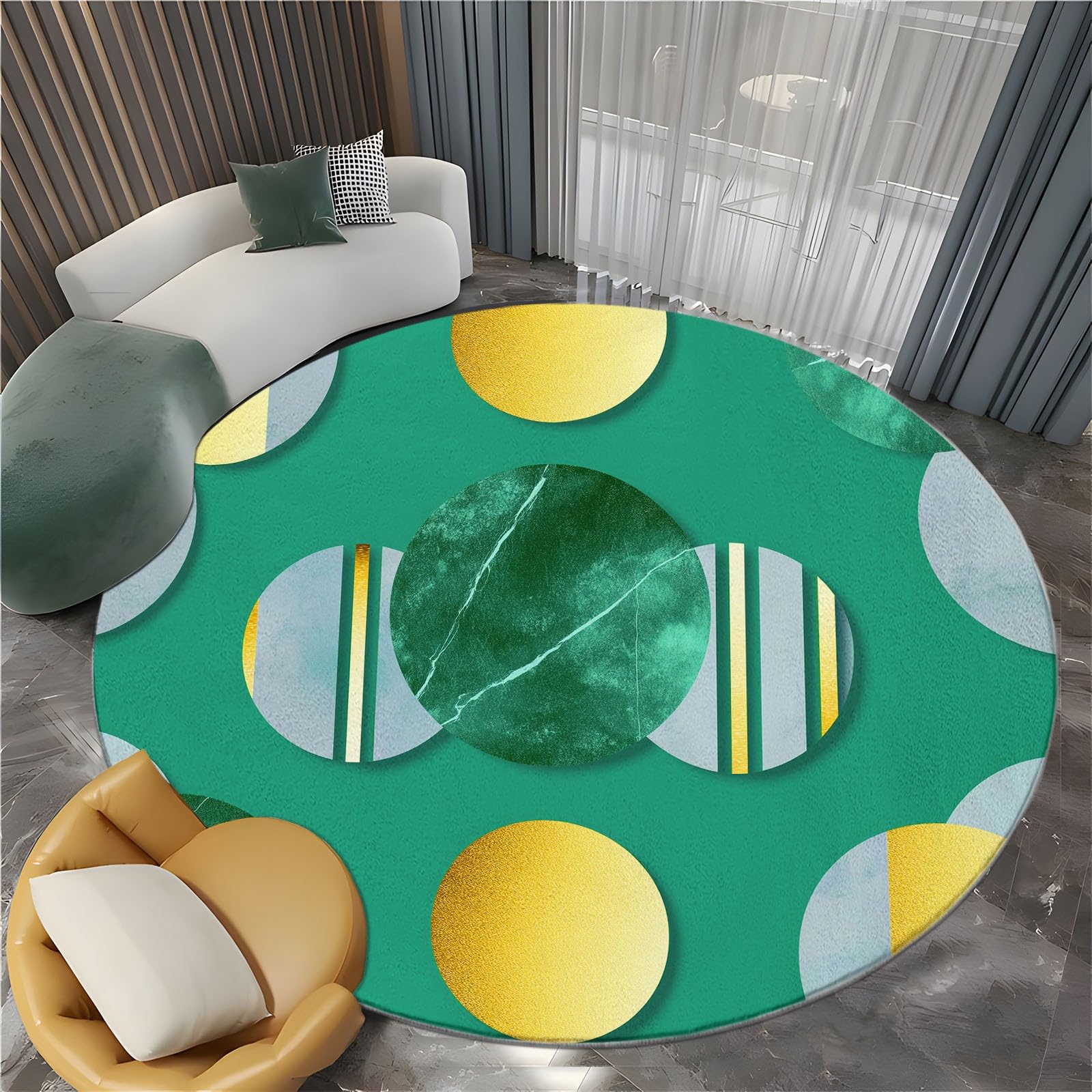 Rond Tapis Salon Vert, Moquette Rayures Géométriques en Feuille d'or — Tapis Chambre de Décoration Poil Ras Lavable en Machine Paillasson Rond Antidérapant Salle a Manger Chambre Adulte, 210 cm