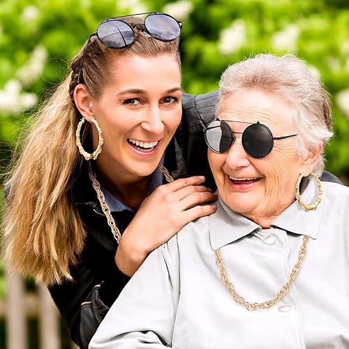 Miniatura 5 de Hicarer Accesorios de atuendo de los años 80 y 90 para mujeres y hombres, disfraz de hip hop, gafas redondas, aretes de cadena de oro sintético