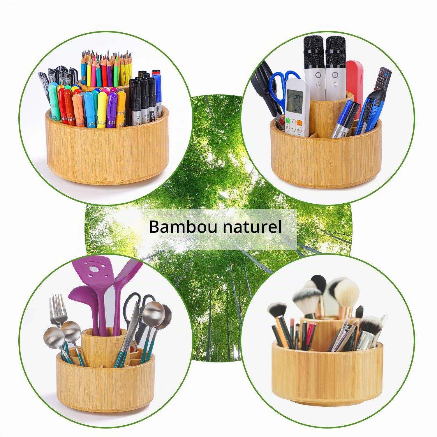 Utoplike Pot a Crayon de Bureau Rotatif à 360 Degrés en Bambou | Pot à Crayon en Bois pour Fournitures Artistiques, Pinceaux, pour Classe, Studio D'Art et Bureau