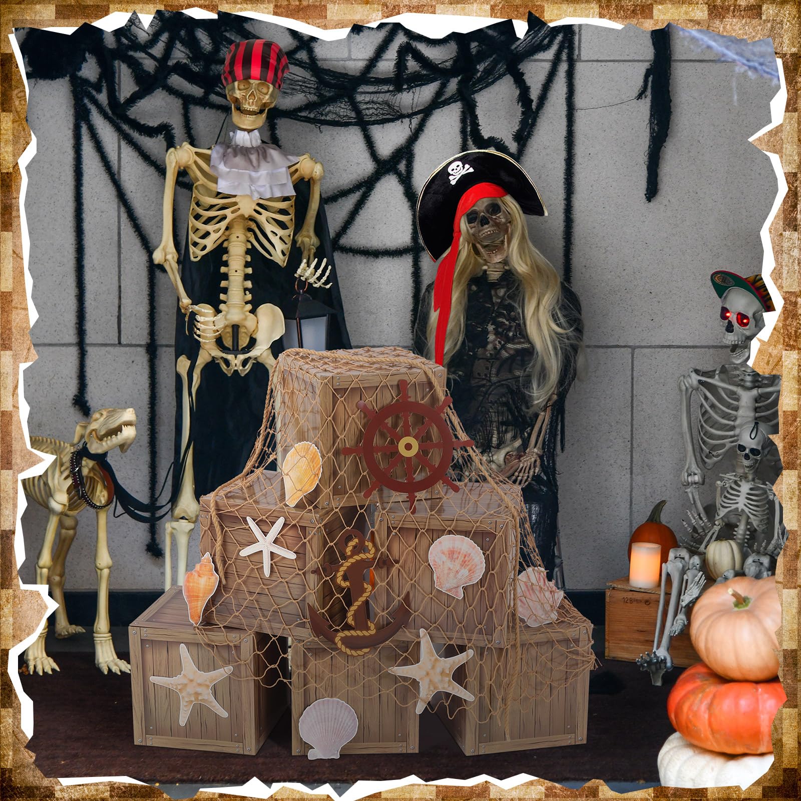 JellyArch 18 piezas de recuerdos de fiesta pirata, decoraciones de Halloween, caja de madera de imitación, tarjeta de red de pesca pirata, decoración de fiesta de cumpleaños, suministros de fiesta