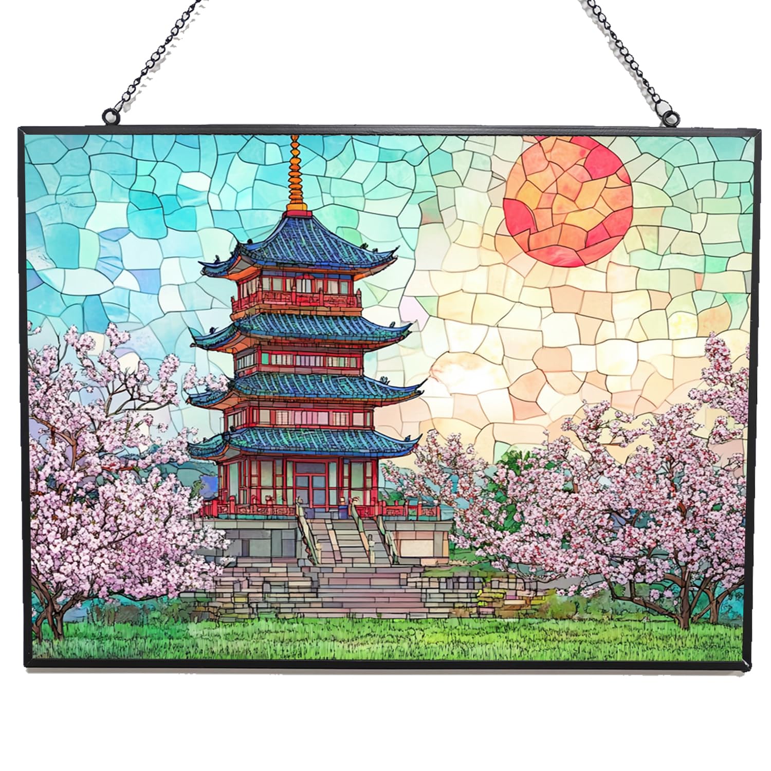 365CUSGIFTS Rectangle Pagoda Hand Painting Stained Glass Sun Catcher, Wall Hanging Colored Decor Room Outdoor Window Decor, Halloween, Christmas Hanging Ornament Mother Day