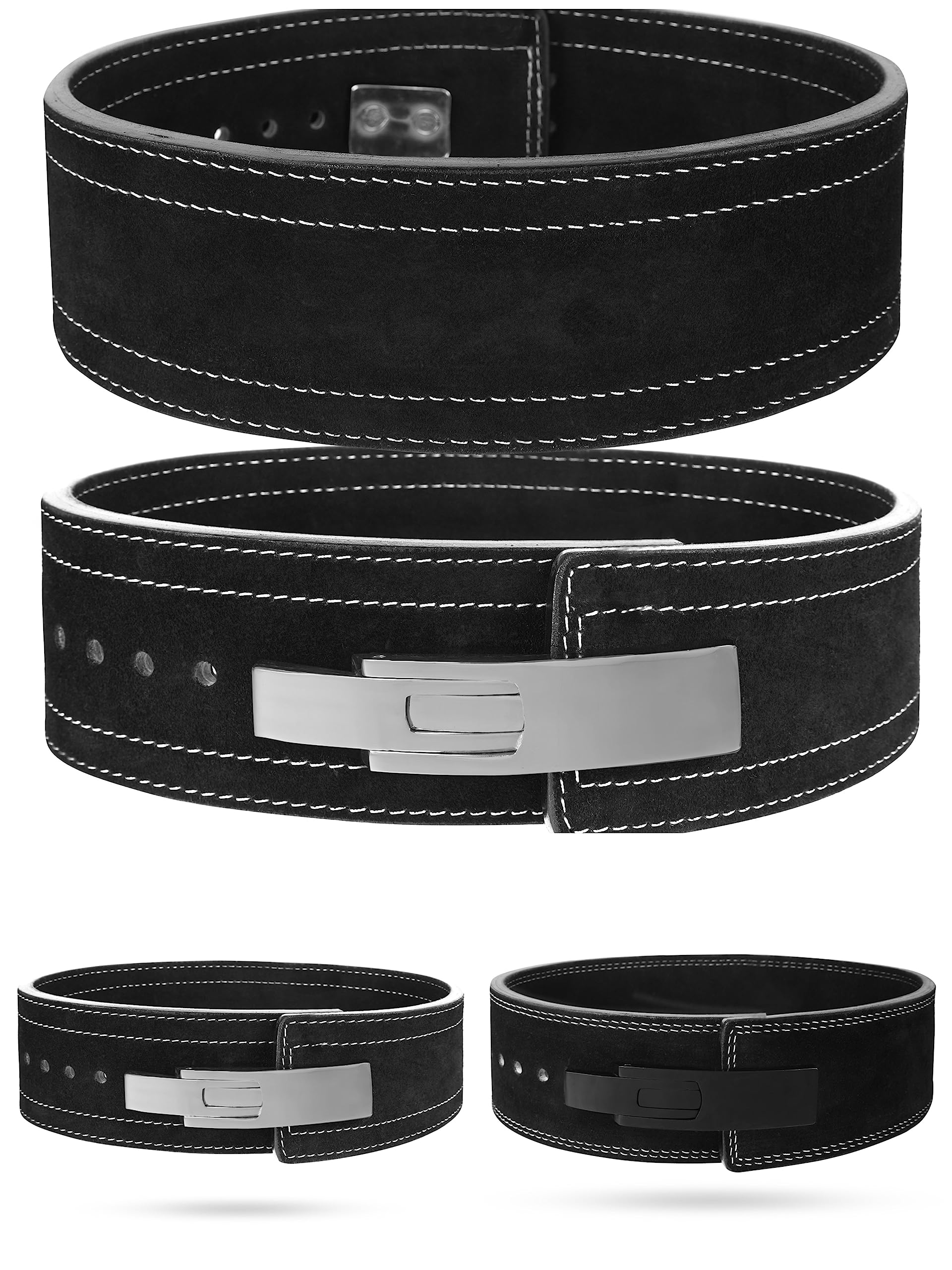 Cow Hide Leather Gym Weight Lifting Lever Buckle Powerlifting Belt Fitness Exercise Bodybuilding (Small, Black/White)
