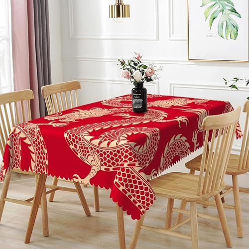 TTQYFNM Mantel rectangular de dragón de 60 x 108 pulgadas, tradicional mascota voladora de animales, dragones chinos, rojo dorado, mantel
