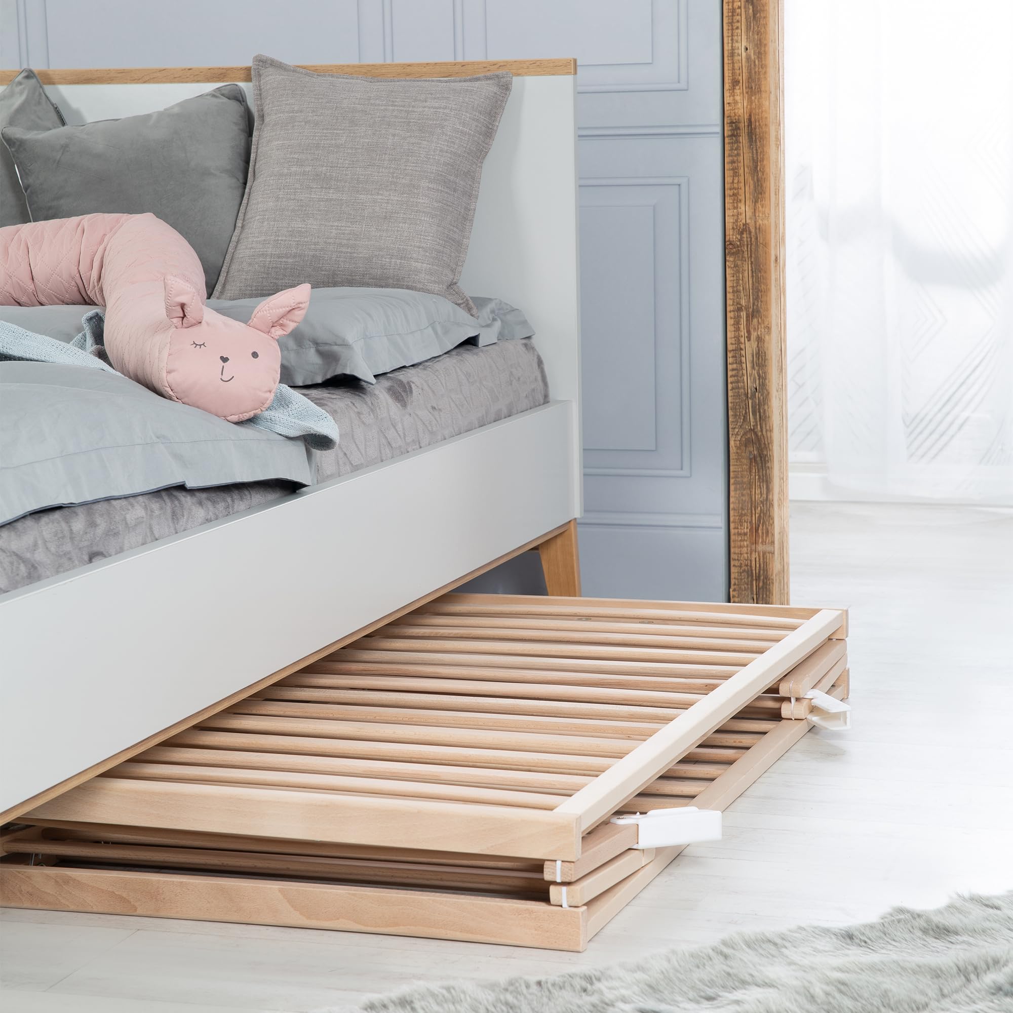 roba Lettino Pieghevole Fold Up 60 x 120 cm - per Neonati e Bambini - Regolabile in 3 Altezze Diverse - Ruote con Freni - Capacità Max 40 kg - Faggio Biologico Naturale