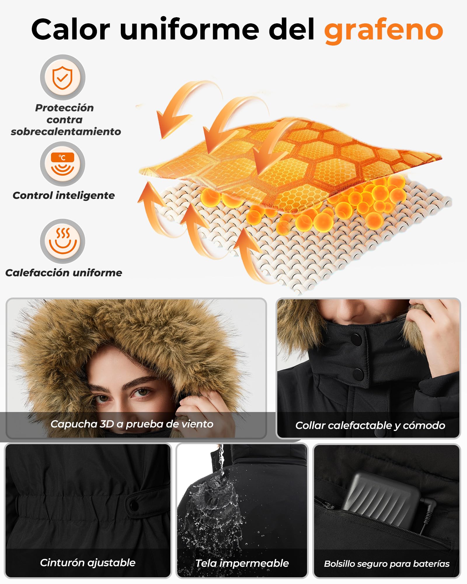 Chaqueta Calefactable Mujer Con Batería De 12V 18400 Mah, 8 Zonas De Calentamiento con 3 Niveles de Temperatura, Chaqueta Cortaviento y Cálido de invierno con Capucha de ExtraíBle,Negro,S