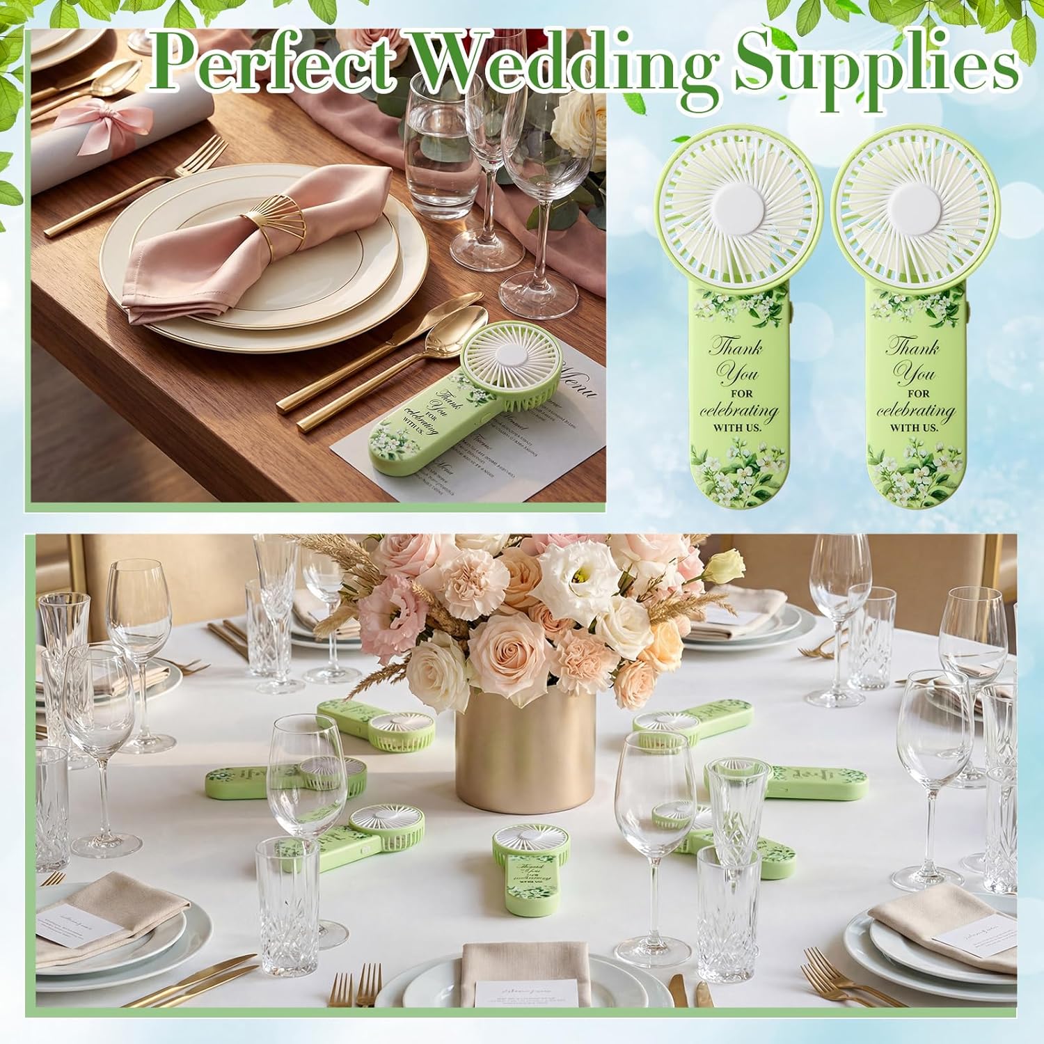 VIHOSE 50pcs Mini Portable Handheld Fans Bulk for Wedding Guest Battery Powered Handheld Fans Thank You for Celebrating with Us Gifts for Summer Bridal Shower Bridesmaid Party Favors(Green)