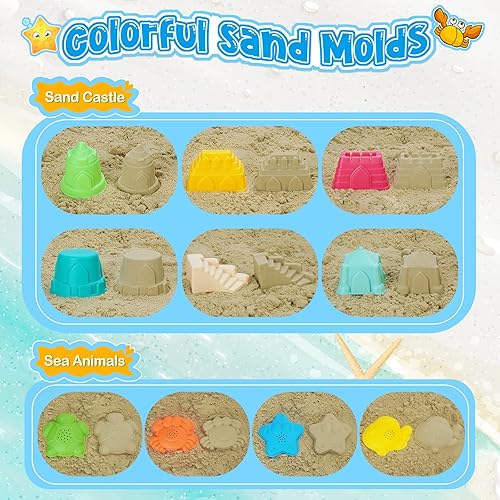Vista 11 de Juego de arena de juguetes de playa para niños, cubo plegable y palas con bolsa de malla, moldes, banderas, caja de arena para niños pequeños, viaje