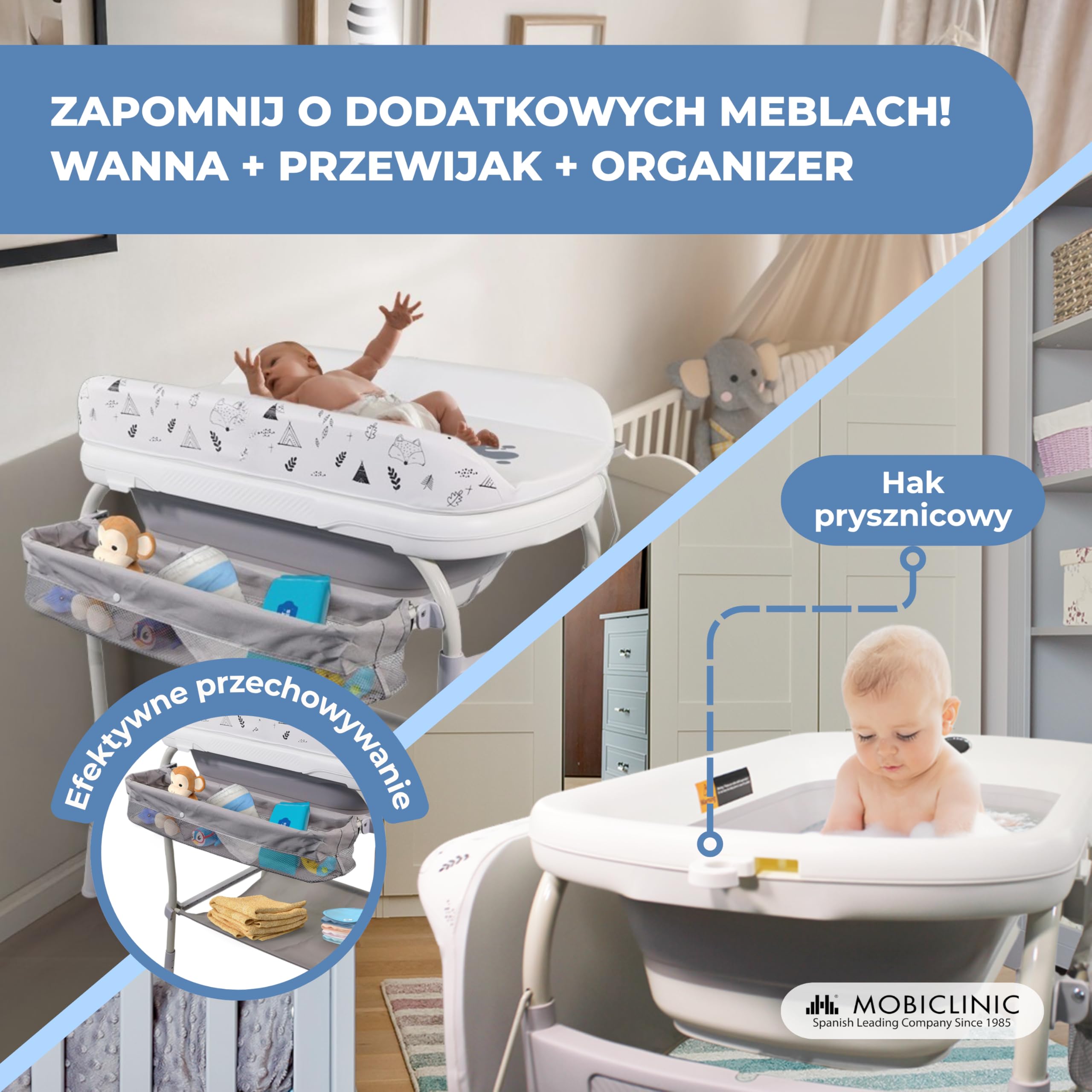 Mobiclinic®, Rzewijak dla niemowląt 2 w 1 z wanienką, Trendy, 4 regulacje wysokości, Termometr, Kółka hamulcem, Koszyk do przechowywania, 50 kg, Rurka odpływowa, 0-36 miesięcy