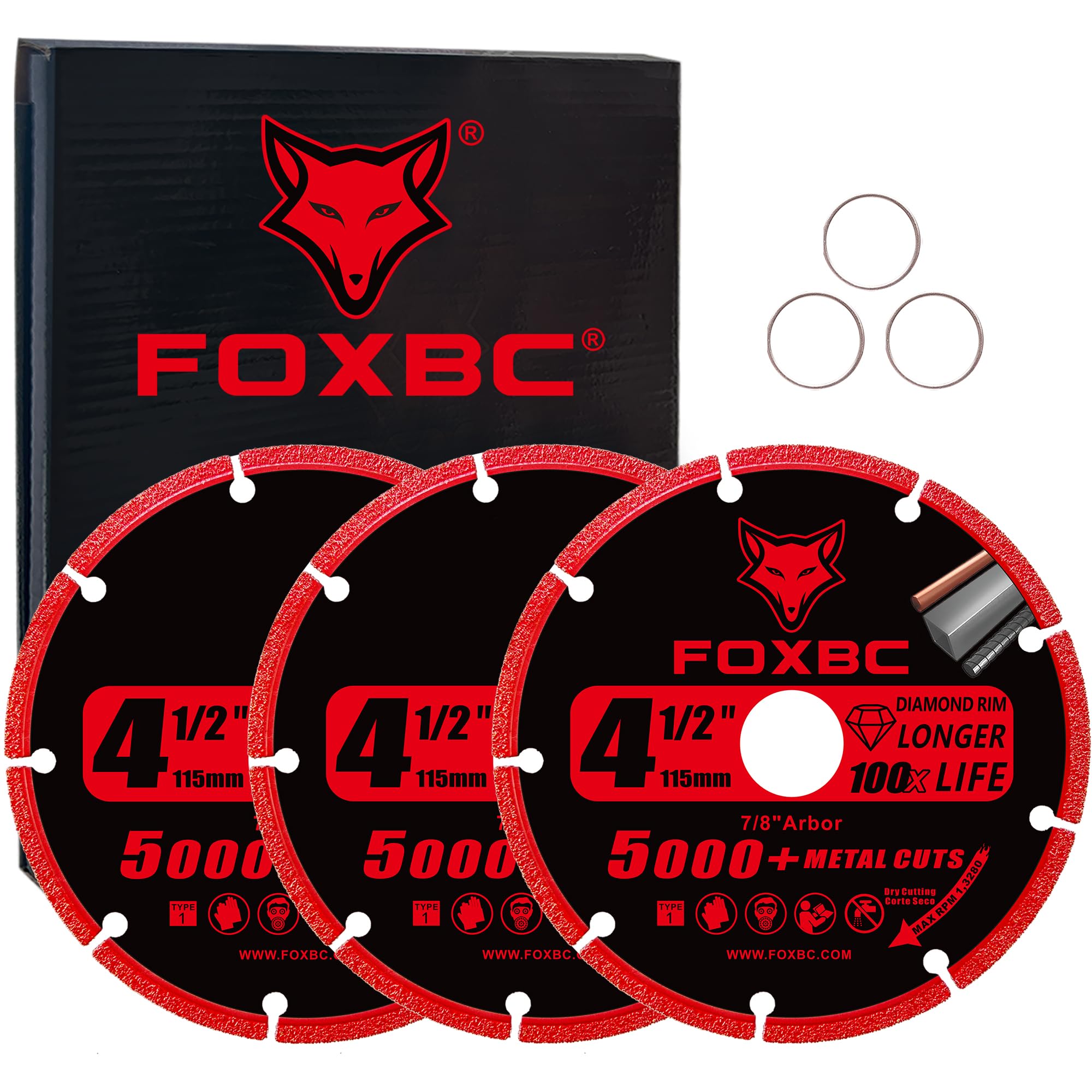 FOXBC 4-1/2 Inch Diamond Cutting Wheel Metal Cut Off for Angle Grinder, 5000+ Cuts on Rebar, Stainless Steel, Angle Iron, 7/8" Arbor - 3 Pack